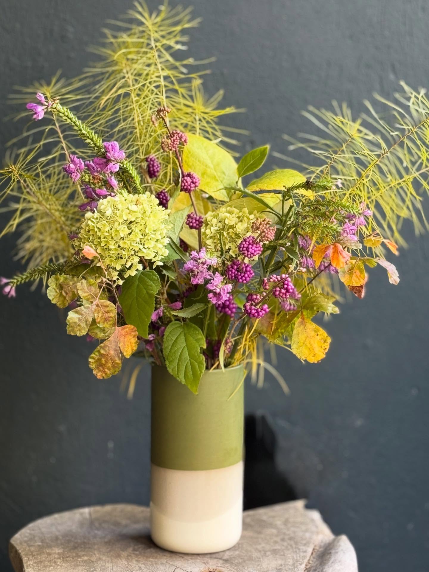 This week’s native bouquet! Bluestar (Amsonia hubrichtii), beautyberry (Callicarpa Americana), hydrangea ‘Annabelle’ (Hydrangea arborescens’Annabelle’), obedient plant (Physostegia virginiana) and gro-low sumac (Rhus aromatica ‘Gro-low’) and Carolina allspice (Calycanthus floridus) foliage. #ayearinnativeflowers #ayearinflowers #gardeningforthechesapeake