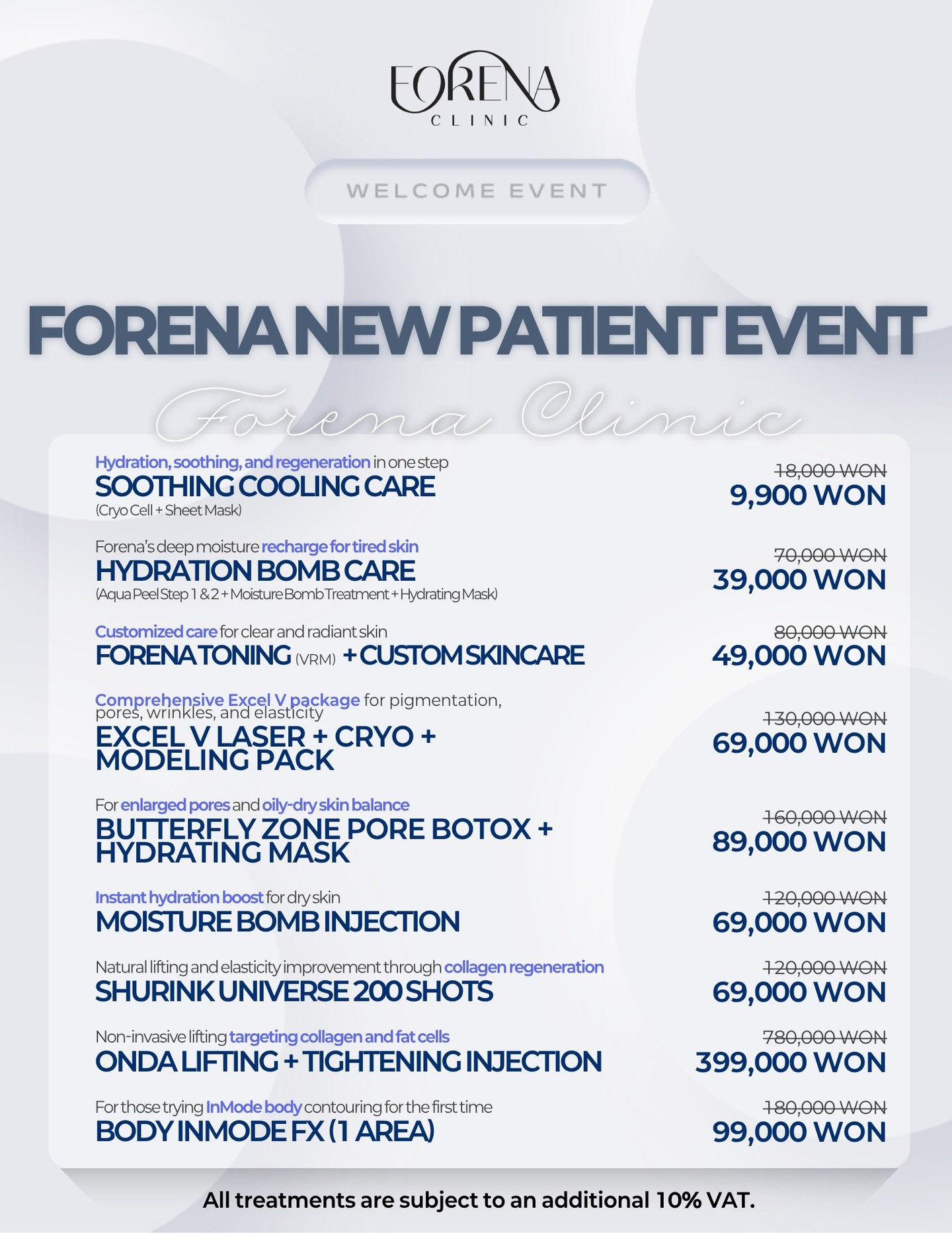 ✨ Welcome Event for First-Time Patients ✨
Experience premium Korean aesthetic care at Forena Clinic, Seoul with exclusive introductory offers designed for new visitors.
Our carefully curated treatments focus on hydration, rejuvenation, lifting, and contouring, helping you achieve healthy, radiant skin with minimal downtime.
All treatments are subject to an additional 10% VAT. Tax refund available for overseas patients.
Reserve your consultation today and discover the Forena standard of care.
🌐 Website
www.forenaclinic.com
📱 Social Media
• Facebook: @forenaclinic
• TikTok: @forenaclinic
• Instagram: @forenaclinic
• Youtube: @forenaclinic
#ForenaClinic #SeoulSkinClinic #KoreanClinic #MedicalTourismKorea #SkinCareSeoul #LaserTreatment #FacialKorea #HongdaeClinic #KBeauty #AestheticClinicSeoul #ForenaEvent #KoreanSkinCare