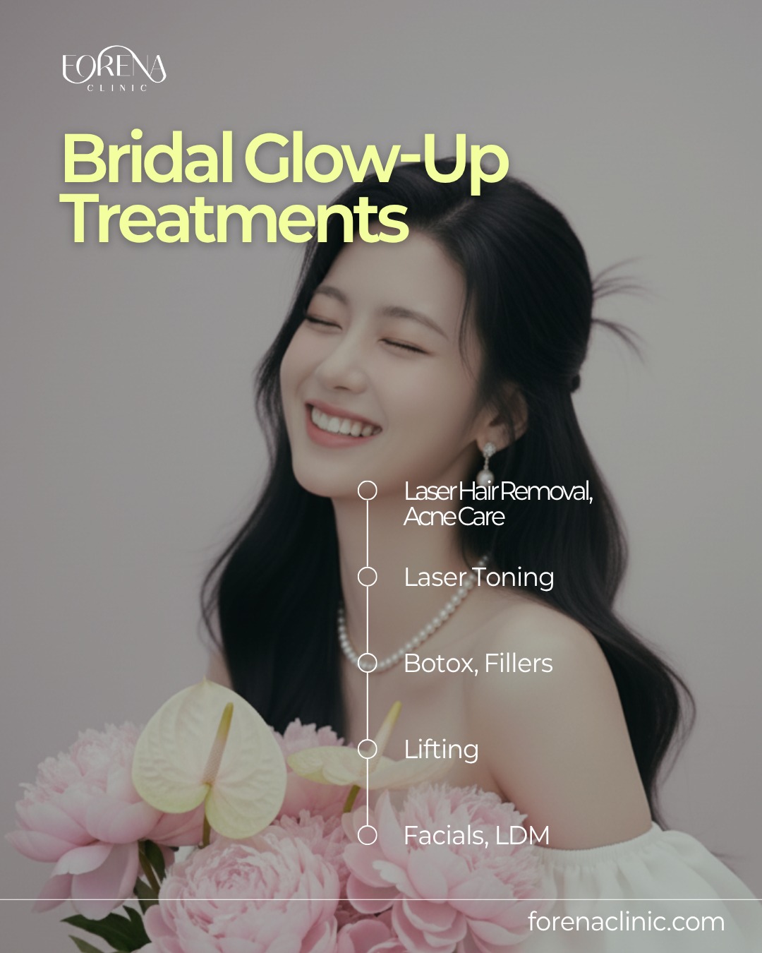 The Forena Bridal Glow-Up: Your Timeline to the Big Day
When should you start your wedding skin prep? We've made it simple.
Here is your timeline for a flawless, radiant glow:
6-12 Months: The Foundation (Lifting, Scar Repair, Laser Hair Removal)
3-6 Months: The Refinement (Laser Toning)
1-2 Months: The Contouring (V-Line Botox, Skin Botox, Fillers)
1 Week: The Final Glow (LDM, Aqua Peels for hydration & soothing)
Let us create the perfect plan for you.
DM us to book your consultation!
Tax refund available for overseas patients.
Forena Clinic – Foreigner-Friendly Skin & Aesthetic Clinic in Seoul
📍 Address
7th Floor, 140 Yanghwa-ro, Mapo-gu, Seoul, South Korea
(5-minute walk from Hongdae Station Exit 9)
🌐 Website
www.forenaclinic.com
📱 Social Media
• Facebook: @forenaclinic
• TikTok: @forenaclinic
• Instagram: @forenaclinic
• YouTube: @forenaclinic
#ForenaClinic #BridalSkin #PreWeddingTreatment #WeddingSkincare #KoreanSkinClinic #BridalGlow #Ultherapy #Botox #Rejuran #LDM #GlassSkin #WeddingPlanning
