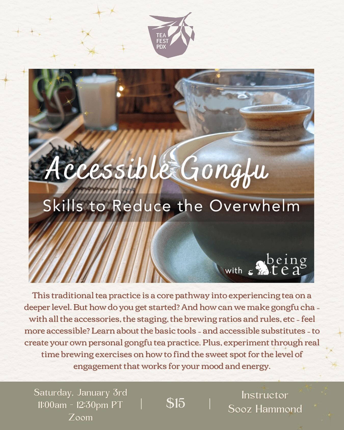 Sooner or later, many people who dive into tea end up interested in gongfu cha. They likely see it early on, but without much context or guidance. And over time, it becomes clear that this traditional tea practice is a core pathway into experiencing tea on a deeper level. But how do you get started? And how can we make gongfu cha – with all the accessories, the staging, the brewing ratios and rules, etc – feel more accessible? Less overwhelming? That’s what we’ll be exploring in this playful and affirming workshop! Learn about the basic tools – and accessible substitutes – to create your own personal gongfu tea practice. Plus, experiment through real time brewing exercises on how to find the sweet spot for the level of engagement that works for your mood and energy.
Hosted by Sooz from Being Tea, from the inclusive awareness that not everyone has unlimited budget, space, time, or energy for a practice that demands a narrow aesthetic. Tea should be enjoyable and personally fulfilling, not performative and anxiety-causing. All are welcome, whether you’re completely new to gongfu tea brewing, or you have years of experience but some new feelings of overwhelm to work through in these intense times.
Tickets available on our website our through Instagram bio link ✨🤍
#teafestpdx #teaeducation #tea #gongfucha #gongfu #beingtea