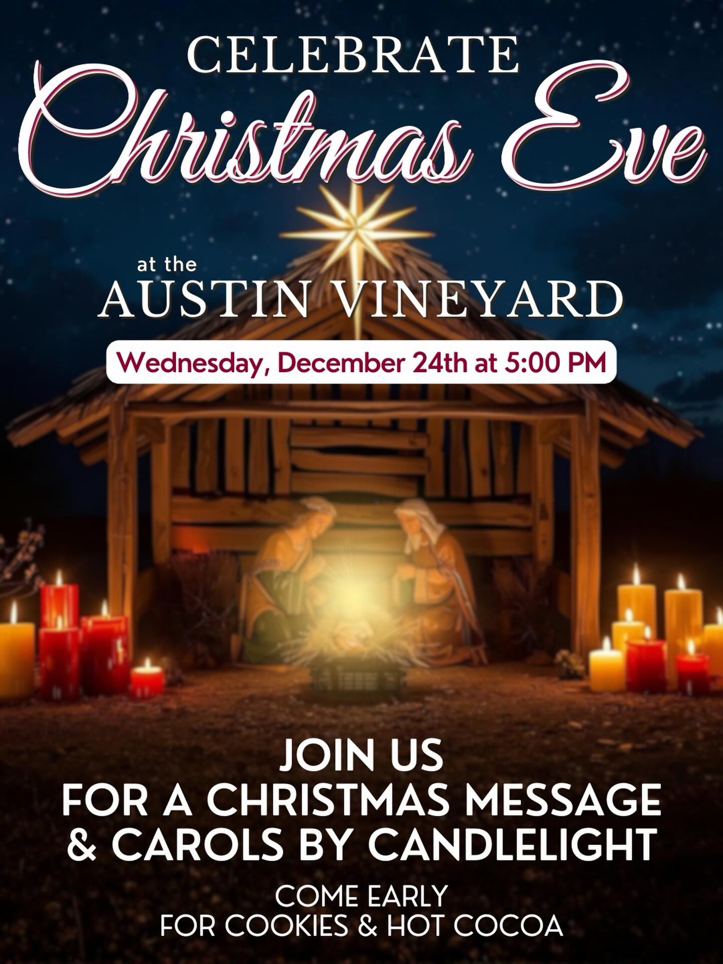 See you TOMORROW, for our Christmas Eve service at 5:00PM. Come early for community, hot cocoa and cookies! (And remember - no English service this Sunday!)