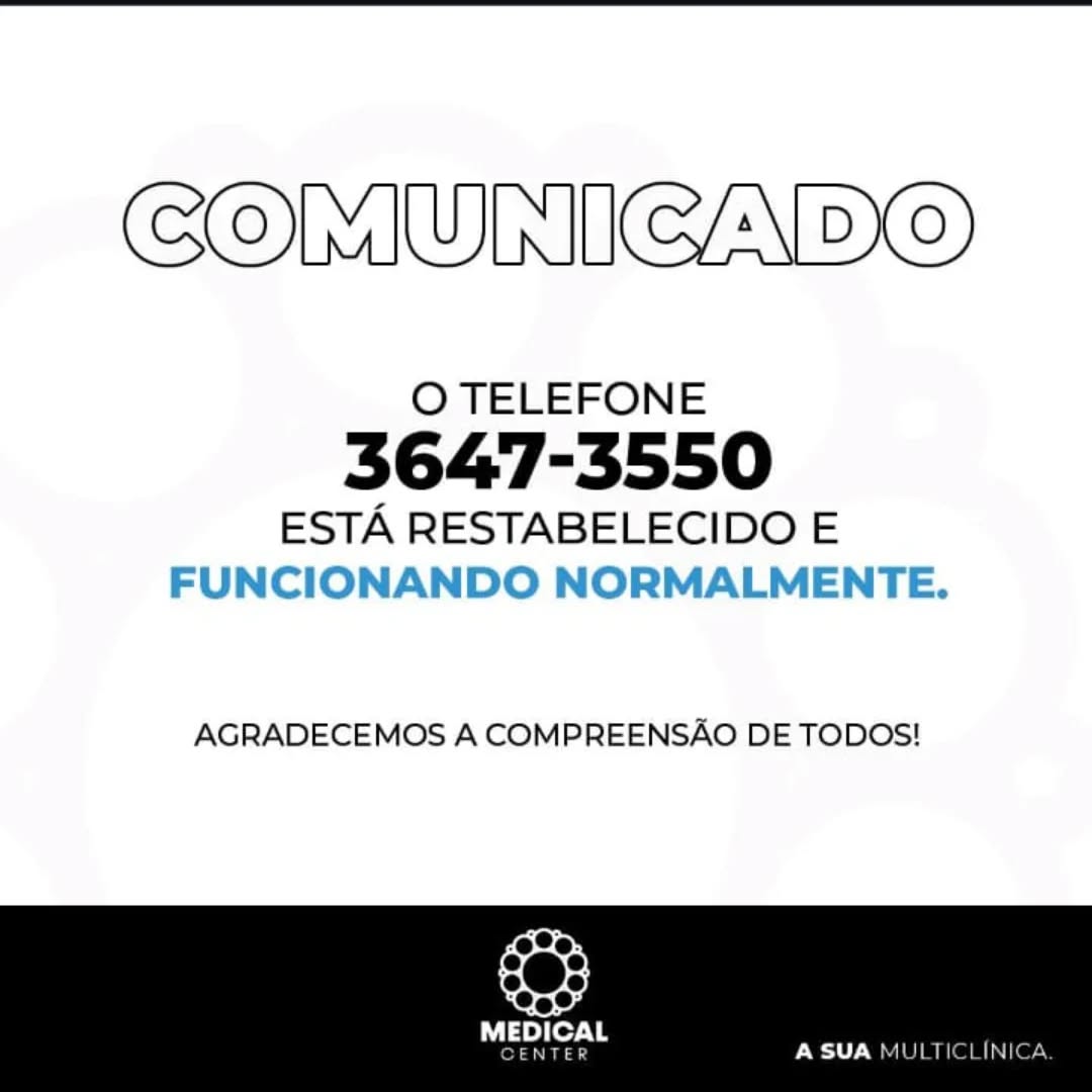 Atenção! O nosso telefone fixo 3647-3550 já foi restabelecido e está pronto para receber ligações. Agradecemos a compreensão de todos!