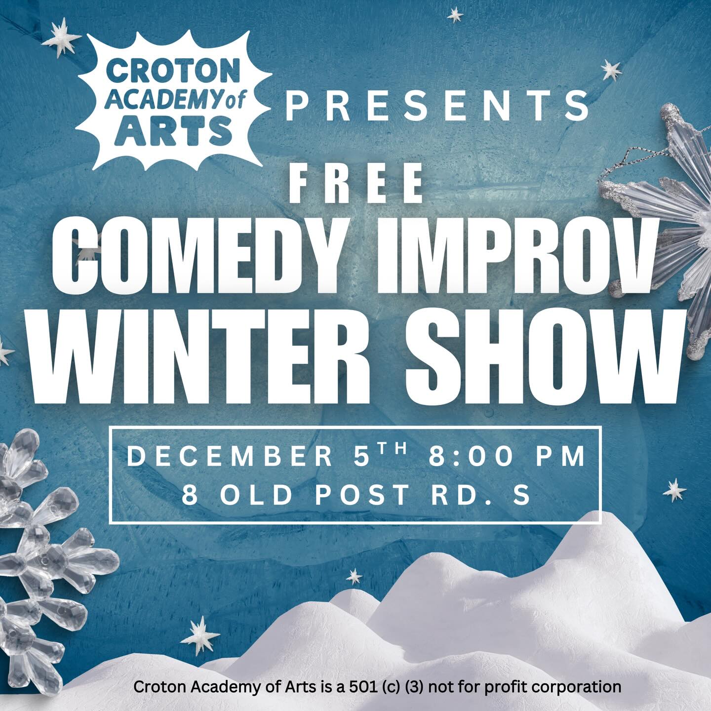 Looking for a laugh this Friday night? Come see our company improv troupe perform with a winter twist! Donât worry about the price, itâs free! Performance at 8:00PM, doors open at 7:45PM.
#improv #improvshow #comedyimprov #crotonacademy #crotoncommunity #crotonevents #wintershow