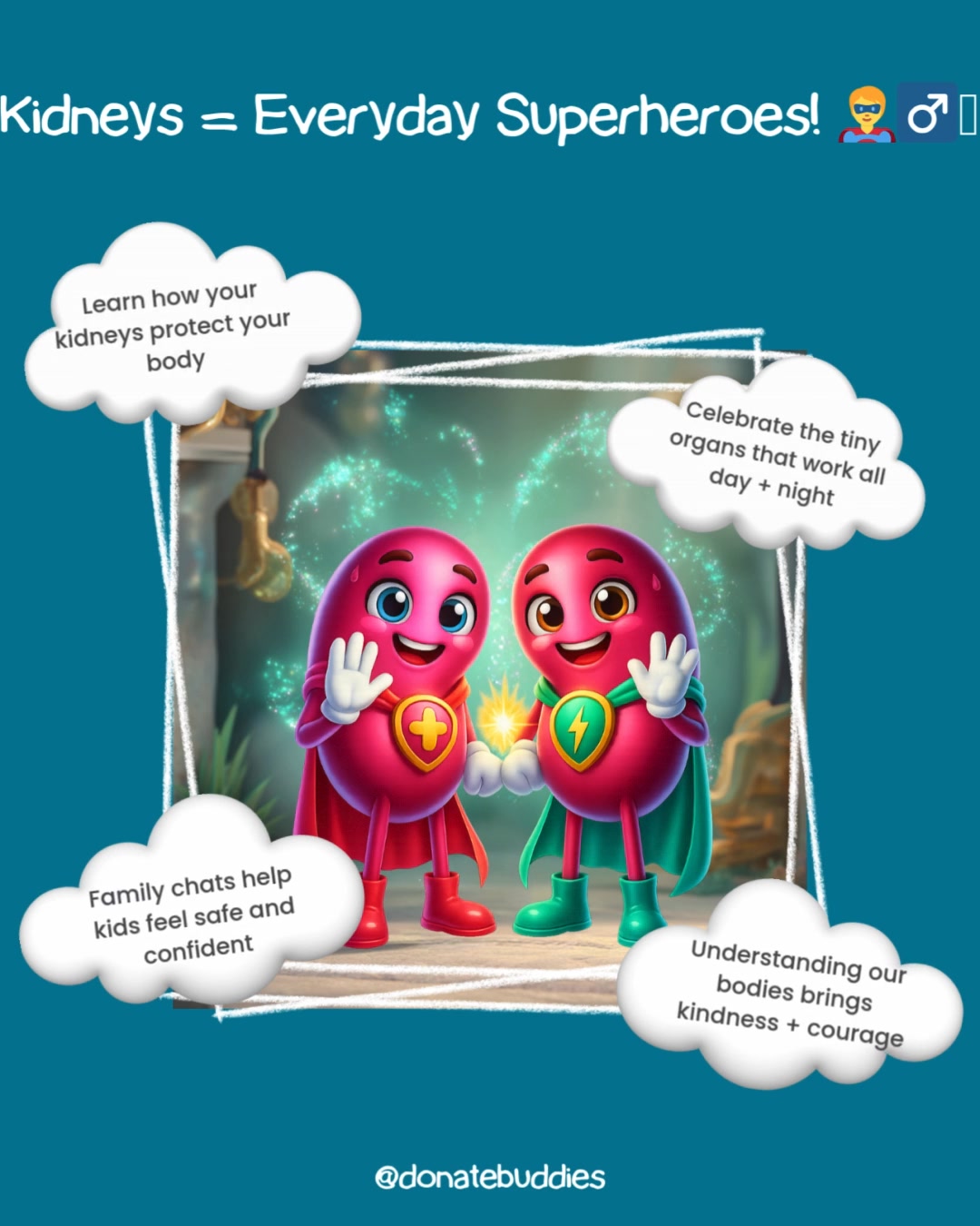 Kidneys = Everyday Superheroes! 🦸♂️🩵
Your kidneys work all day and all night — filtering blood, balancing your body, and helping your bones stay strong. And they’re only the size of your fist! 🤯
Teaching kids how their bodies work builds curiosity, confidence, and kindness. 🌈💛
Want to learn more about Katie and Kenny the Kidneys? Head to 👉 https://www.donatebuddies.com.au/katie-and-kenny-the-kidneys
Save this for your next family chat!
#DonateBuddies #MindfulMonday #KidsHealth #KidneyFacts #FamilyLearning #KindnessEducation #OrganDonationAwareness
⚠️ Disclaimer:
Donate Buddies shares educational content to raise awareness of organ and tissue donation in Australia. It is not medical advice. Please seek guidance from your healthcare professional or transplant team for personal medical concerns.
