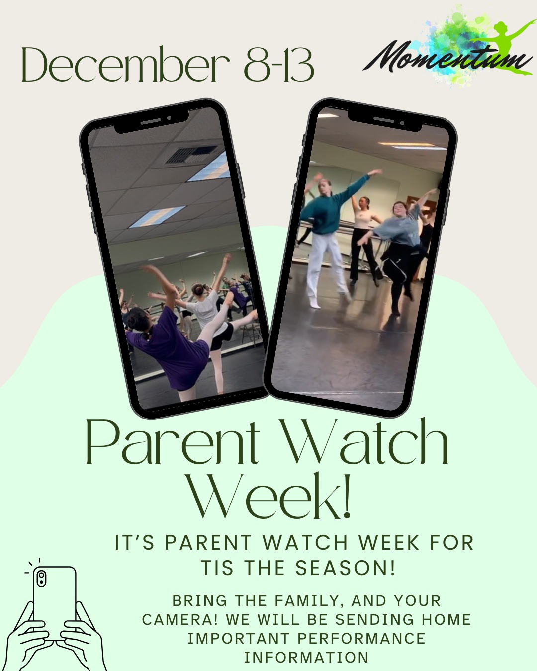 This week is Parent Watch Week for our Tis The Season Performances!
Contemporary, Hip Hop, Irish, Jazz and Tap families are welcome to come watch class this week with their dancer.
Costumes for Tis The Season and important information will be handed out in class this week as well!