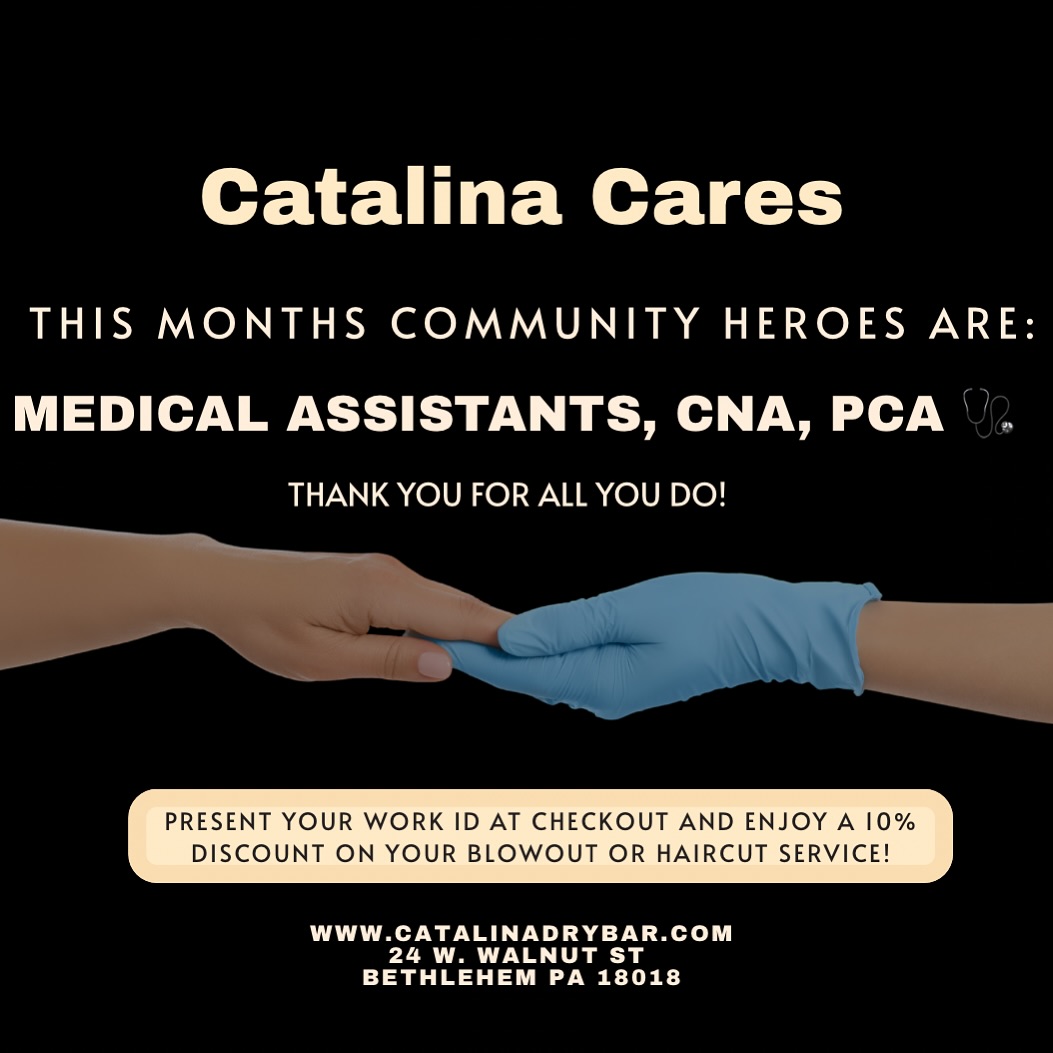 This month weāre celebrating Medical Assistants, CNAs, and PCAs ā the heartbeat of our community. šš©ŗ
You show up for everyone⦠so let us show up for you.
Flash your work ID at checkout and enjoy 10% off your blowout or haircut all month long.
Thank you for everything you do. Truly.
-Catalina Dry Bar š¤
š Bethlehem, PA
š» catalinadrybar.com
š Tag your favorite MA, CNA, or PCA!