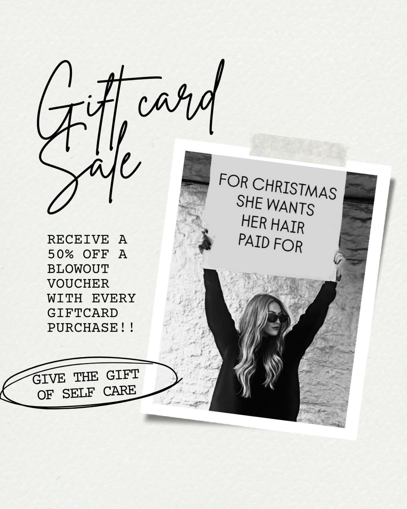 Another gift card sale! From now until 12/25 buy any gift card and receive a 50% off blow out voucher! 🎁🎁
Give the gift of self care! 🥰