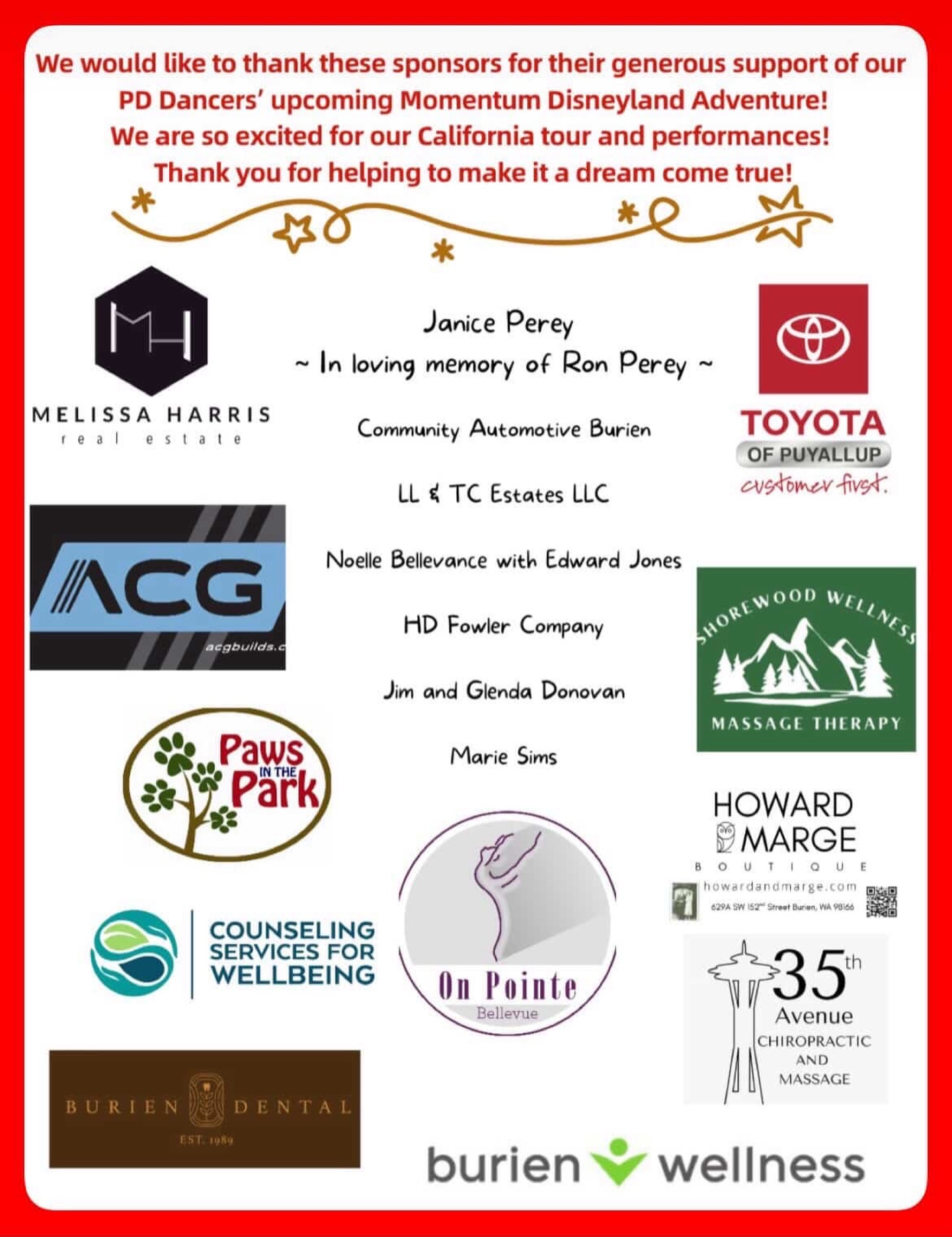 ✨ A HUGE thank you to our incredible sponsors! ✨
We are beyond grateful for the generous support helping our PD Dancers head to their Momentum Disneyland Adventure and California performances! 🌟💃🕺 Your kindness, belief, and community support are truly making dreams come true.
From the bottom of our hearts—thank you for investing in our dancers, their artistry, and unforgettable experiences ahead. We couldn’t do this without you! ❤️✨
#ThankYouSponsors #MomentumDanceEnsemble #CommunitySupport #DreamsInMotion #Grateful #DanceFamily