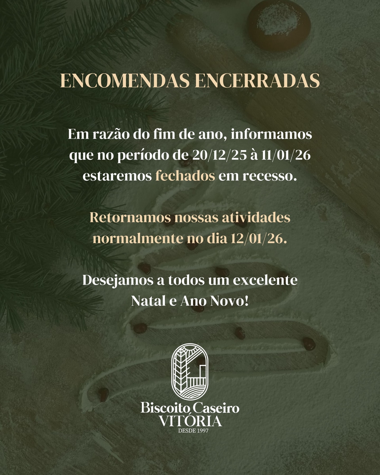 Caros amigos e clientes, informamos que nossas encomendas de fim de ano estão ENCERRADAS, e que estaremos fechados em recesso de 20/12/25 à 11/01/26.
Retornamos nossas atividades normalmente no dia 12/01/26.
A família @biscoitocaseirovitoria deseja a todos um excelente Natal e Ano Novo!!!
#BiscoitoCaseiroVitória #ArtesanaisEAutênticos #Desde1997