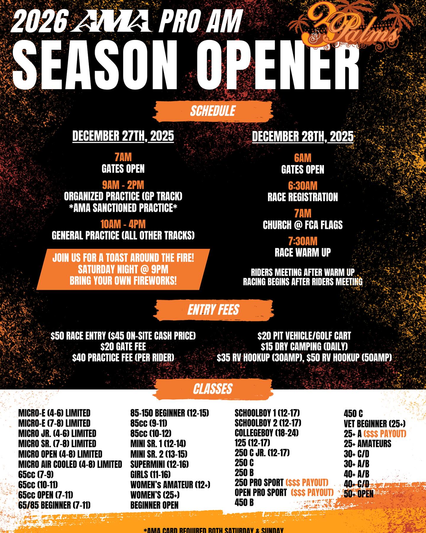 Just a reminder we are closed today, Tuesday December 23 and tomorrow for Wednesday we open 10:00 am to 4:00 pm - no night practice.
This weekend is our 2026 AMA Pro Am Season Opener - all the details are right here!