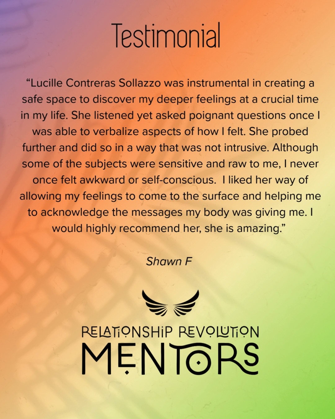 Client Testimonial
#rrmentors #relationshiprevolutionmentoring #embodiedrelationships
Check out www.rrmentors.com to learn more about what Lucille does.