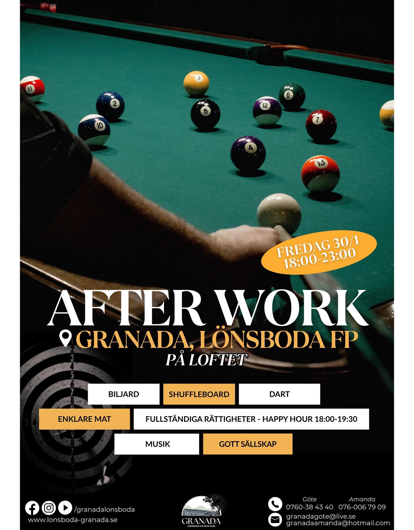 After Work på loftet 30/1!
Nu med nytt biljardbord & shuffleboard 🎱🤩
Välkomna är ni! Vi ses🔥
#granadalönsboda #folketspark #lönsboda #afterwork #aw