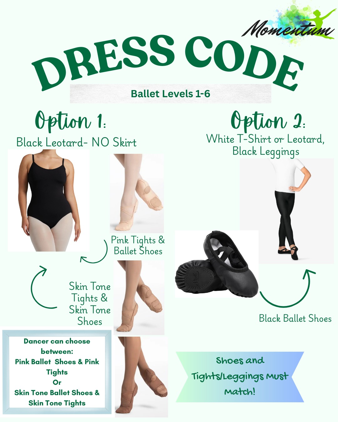 The studio is buzzing with new enrollments and familiar faces! We love our growing dance family! 💖 To keep classes running smoothly and professionally, here's a friendly reminder of our Dress Code and Hair Requirements for all genres.
Wearing the correct attire helps foster a sense of belonging and allows our instructors to provide the best possible training.
Swipe through this post to find your class and check the requirements. 💃🕺
We can't wait to see everyone looking sharp! 🩰
#momentumdanceacademy #DanceTogether #StudioPride #DressCodeRefresh #DanceEducation
