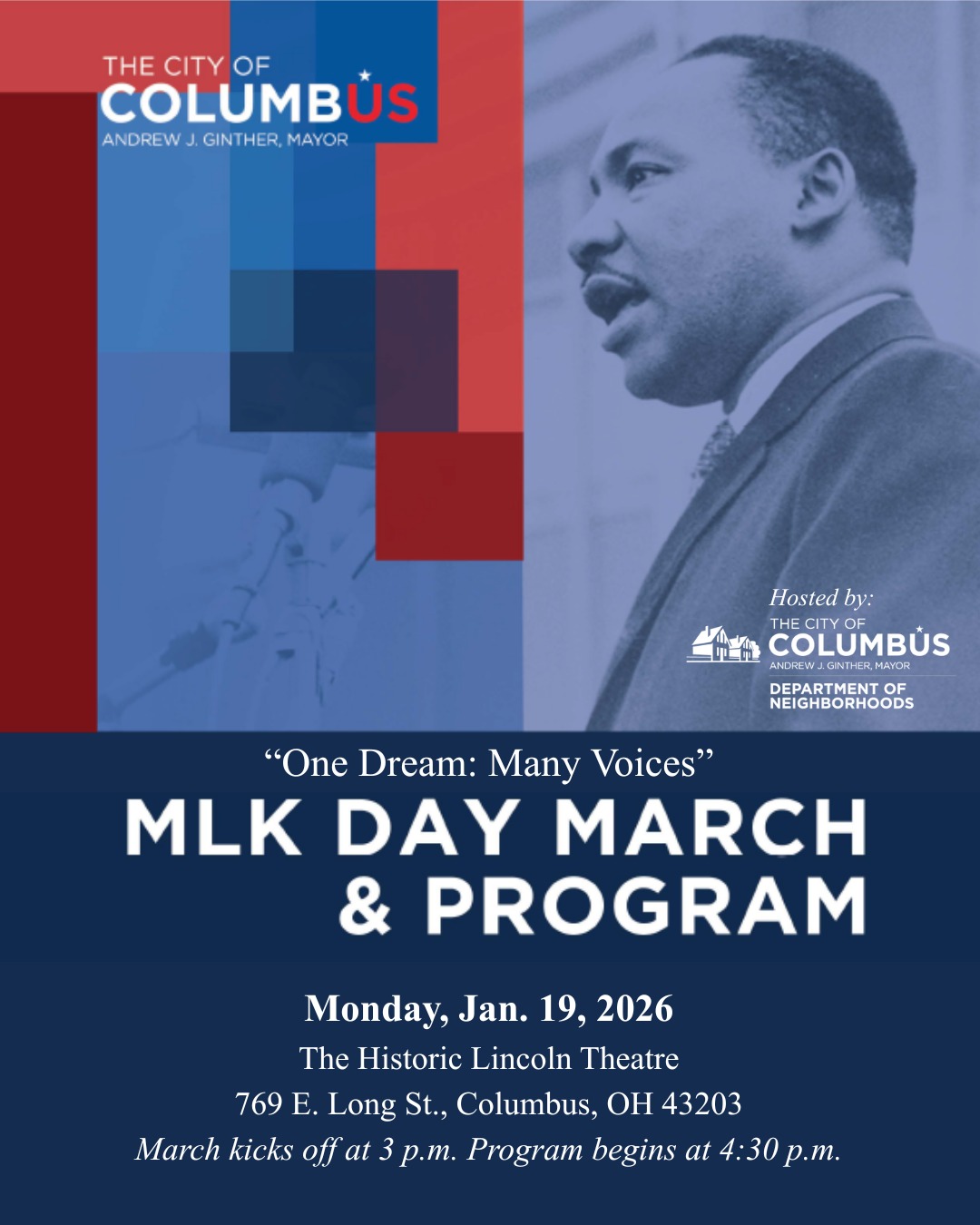 Join us next Monday, Jan. 19! #MLKDay
Watch that weather and dress accordingly for the march. ❄️
WHERE:
March: St. Paul AME Church
639 E. Long St.
Columbus, Ohio
3 p.m.
Program: Historic Lincoln Theatre
769 E. Long St.
Columbus, OH 43203
4:30 p.m.