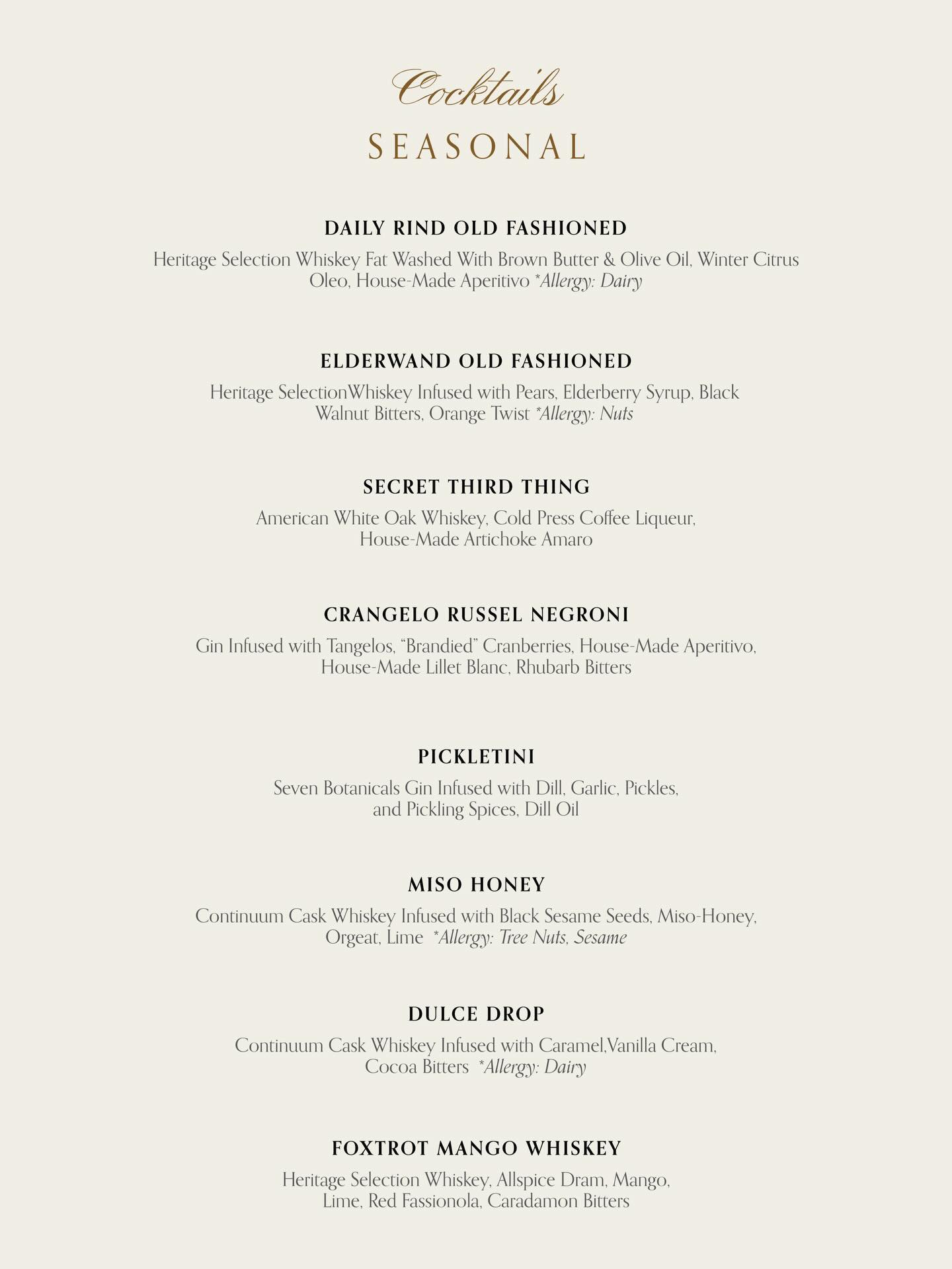 ‼️New New New‼️
New menu drops today! Come taste through our new seasonal cocktail menu! We’re so excited to show you what we’ve been crafting in the Tasting Room Bar. Fresh and unique winter flavors are here to complement crisp weather and January into early spring vibes. There’s even more on the menu for you to discover. We can’t wait to share with you!
Sláinte!