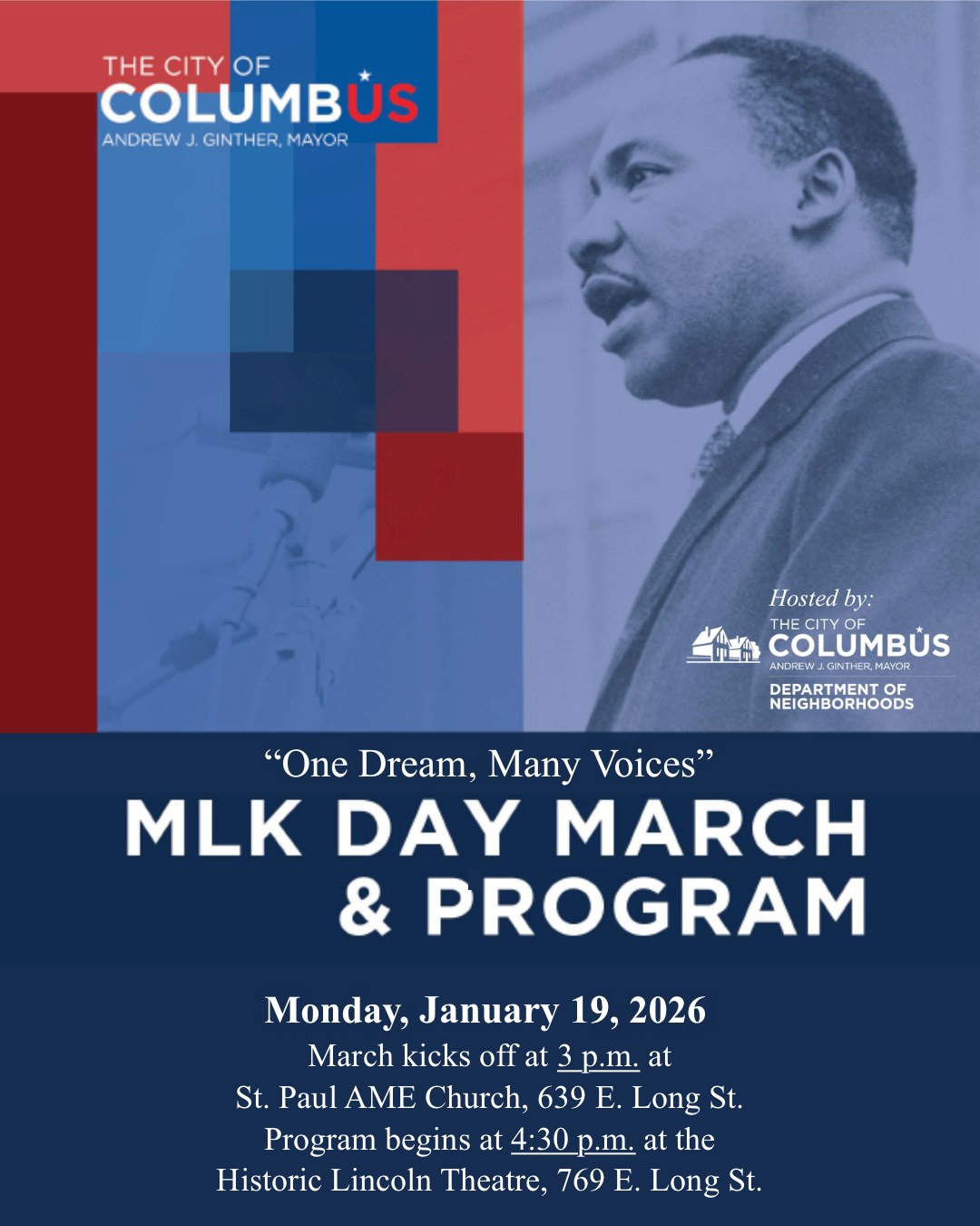 Join the Department of Neighborhoods for the MLK Day March & Program! Free and open to the public.
Get ready for powerful performances!
• Featuring:
• The Grammy-nominated Central State University Chorus
• Plus, a high-energy performance from Dance E.L.I.T.E. Performance Academy
From music to movement, these performances will lift your spirit and honor Dr. King's enduring legacy.
Monday, January 19, 2026
March begins at 3 PM – St. Paul AME Church
Program begins at 4:30 PM – Historic Lincoln Theatre
#MLKDay2026 #OneDreamManyVoices #ColumbusCelebratesMLK