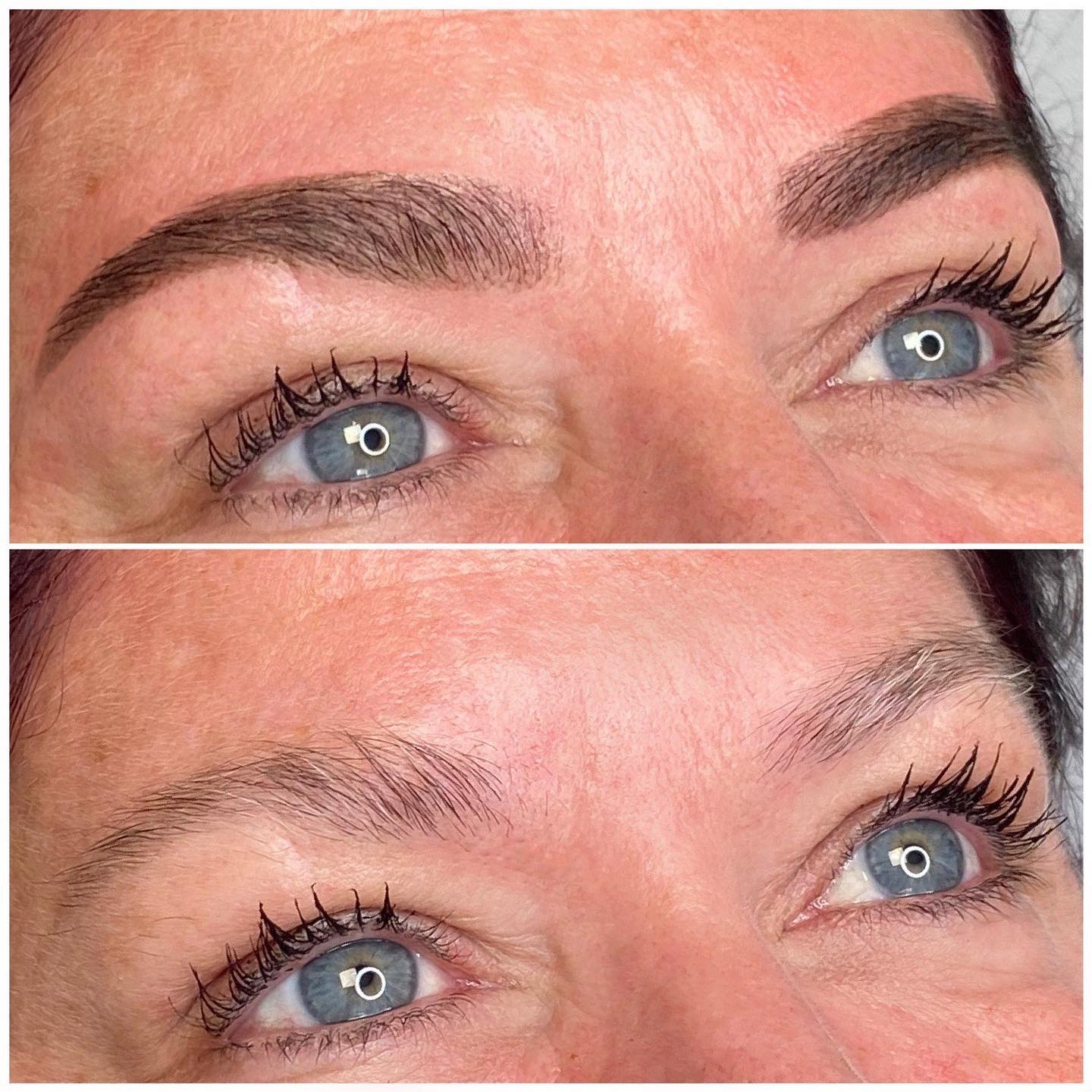 Brow tint+wax! 🤯 The tint usually stains the skin, which can be alittle scary for some clients at first. It’ll fade quite a bit after the first few days and last about 4 weeks. We were so happy with how nicely it covered those pesky grays! 🤗 Hop on Vagaro to book!