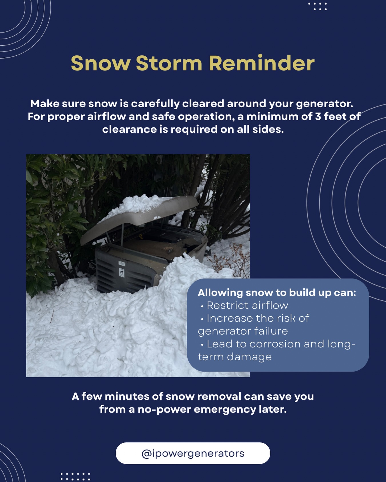 Snow Storm Reminder ❄️
Snow buildup around your standby generator isn’t just messy—it can cause serious problems. For safe operation and proper airflow, generators require a minimum of 3 feet of clearance on all sides.
Blocked airflow can increase the risk of generator failure, corrosion, and long-term damage—often when you need power the most. A few minutes of snow removal now can prevent a no-power emergency later.
iPower Generators
📞 (914) 449-2003
📧 service@ipowerltd.com
🌐 www.iPowerGeneratorsNY.com
#Generators #Generac #WinterReminder