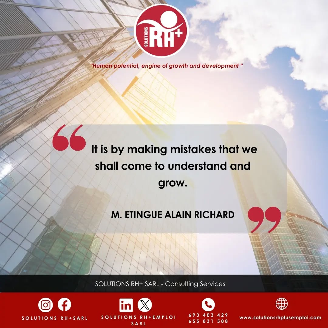 ☀️BONJOUR LUNDI !
✨La société SOLUTIONS RH+ SARL vous souhaite une semaine performante dans votre milieu professionnel par ce conseil qui nous est donné par M. ETINGUE Richard
#POTENTIELHUMAIN #ressourceshumaines #RH #MONDAYMOTIVATION #quoteoftheday
☀️HELLO MONDAY !
✨SOLUTIONS RH + SARL wishes you a successful week in your workplace with this advice from Mr M. ETINGUE Richard.
#HUMANPOTENTIAL #humanresources #HR #MONDAYMOTIVATION #quoteoftheday