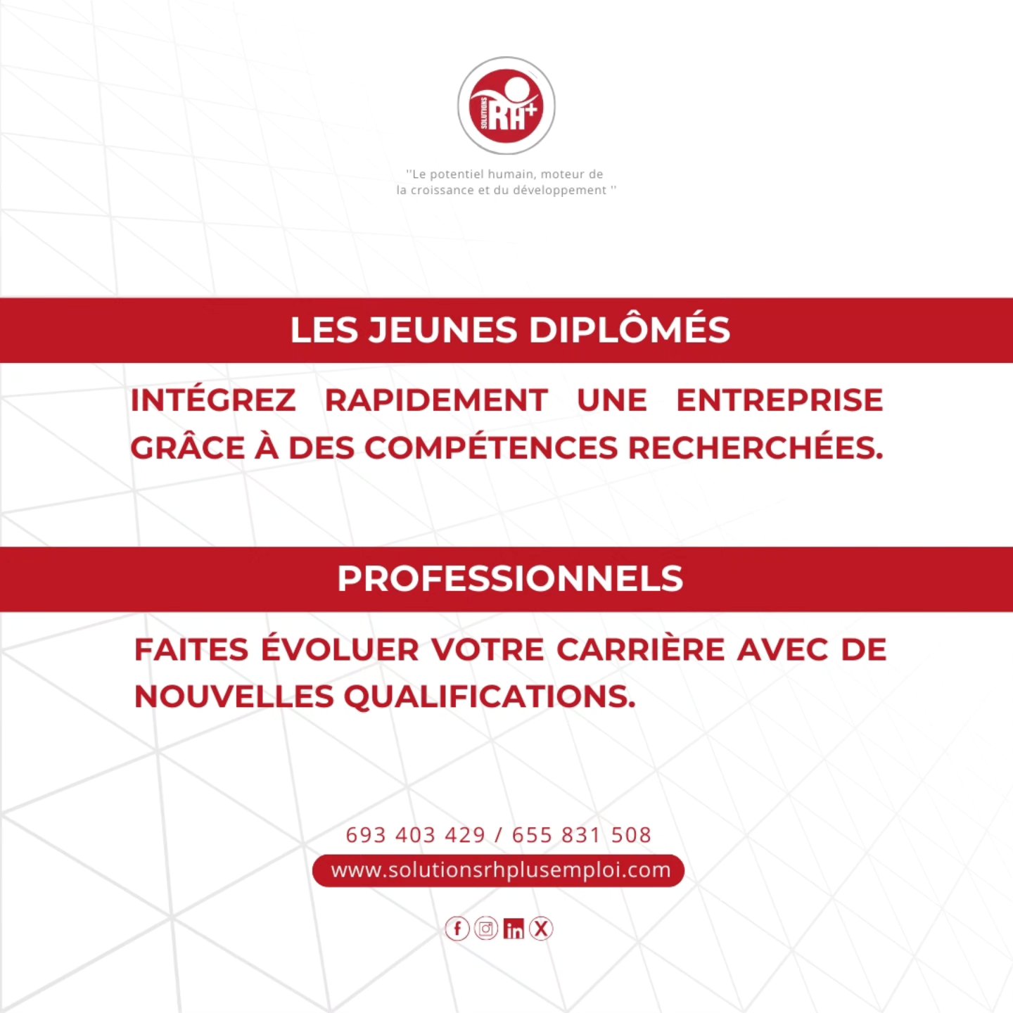 🚀 Prêt à saisir de nouvelles opportunités ? 🔥
🎓 Jeune diplômé ? Trouve un emploi plus vite avec des compétences clés.
💼 Pro déjà en poste ? Monte en grade avec une formation adaptée.
Chez SOLUTIONS RH+ SARL, on t’accompagne vers le succès ! 📈
👇 Tag un ami qui doit voir ça !
Pour plus de détails, n'hésitez pas à nous contacter au 693 40 34 29 ou 655 83 15 08.
Vous pouvez également visiter notre site web : www.solutionsrhplusemploi.com