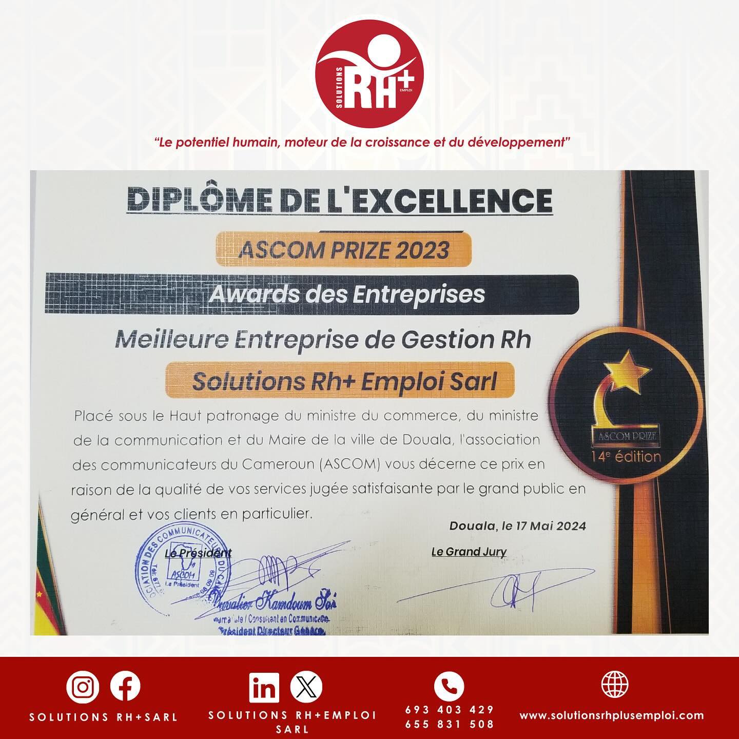 MERCI!
“Le vendredi 17 mai 2024, nous avons reçu grâce à vous, le prix de la meilleure entreprise de gestion à la cérémonie ASCOM PRIZE.
Merci à tous pour votre implication, votre énergie et votre engagement sans faille dans cette aventure qui ont contribué à notre succès.“
THANK YOU!
"On Friday May 17, 2024, thanks to you, we received the award for best management company at the ASCOM PRIZE ceremony.
Thank you all for your involvement, energy and unfailing commitment to this adventure, which have contributed to our success."