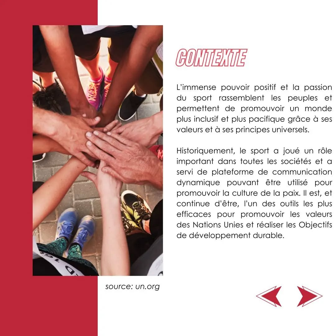 ✨ 06avril journée internationale du sport au service du développement et de la paix.
✅la journée internationale du sport au service du développement et de la paix a comme thème cette année : " le sport pour la promotion des sociétés pacifiques et inclusives . "
Le sport a le pouvoir de changer le monde ; c'est un droit fondamental et un outil puissant pour renforcer les liens sociaux et promouvoir le développement durable et la paix, ainsi que la solidarité et le respect de tous.
Il est plus nécessaire de rappeler l’importance de l’activité physique.
Le but de cette journée est de montrer que le sport est considéré comme un outil efficace pour la consolidation de la paix et le règlement des conflits.
#Sport
#Developmentandpeace
—
✨ 06th April international day of sport for development and peace
✅the international day of sport for development and peace has as this year's theme: “sport for the promotion of peaceful and inclusive societies”
Sport has the power to change the world; it is a fundamental right and a powerful tool to strengthen social bonds and promote sustainable development and peace, as well as solidarity and respect for all.
It is more necessary to remember the importance of physical activity.
The aim of this day is to show that sport is considered an effective tool for peacebuilding and conflict resolution.
#internationaldayofsport
#developmentandpeace