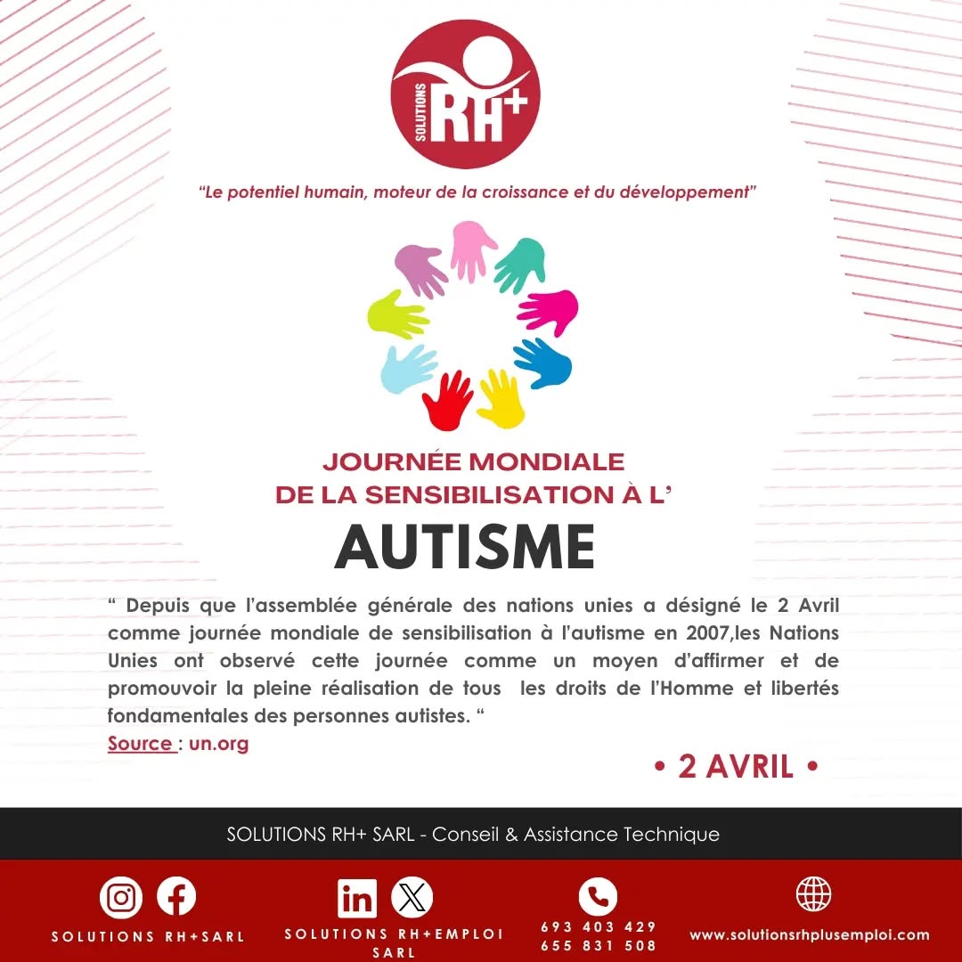✅ 2 Avril 2024. Journée mondiale de la sensibilisation à l'Autisme
" De la survie à l’épanouissement personnel : les personnes autistes partagent des perspectives régionales "; tel est le thème de la conférence virtuelle qui se tient ce jour dans l'Etat de New york. Le but visé cette année par l' Organisation des Nations Unies est de recueillir l'état réel et global par les personnes autistes elles-mêmes venant de part et d'autre du globe. Les réalités de chaque région de la terre sur la situation des autistes seront partagées ainsi que les actions de développement durable pouvant être implémentées avec pour finalité première leur épanouissement.
Et vous, quelle réalité observez-vous dans votre périmètre et quelles actions jugez-vous nécessaires pour contribuer à l'épanouissement des personnes autistes ?
#SensibilisationAutisme
#journeeinternationale
#epanouissement
✅ 2 April 2024. World Autism Awareness Day
"Moving from surviving to thriving: Autistic individuals share regional perspectives "; is the theme of the virtual conference being held today in New York State. The aim of this year's conference, organised by the United Nations, is to gather information on the real, global situation from autistic people themselves from all over the world. The realities of the situation of autistic people in each region of the world will be shared, as well as the sustainable development actions that can be implemented with the primary aim of helping them to fulfil their potential.
And you, what reality do you observe in your area and what actions do you consider necessary to contribute to the development of autistic people?
#Awareness
#autism
#happiness