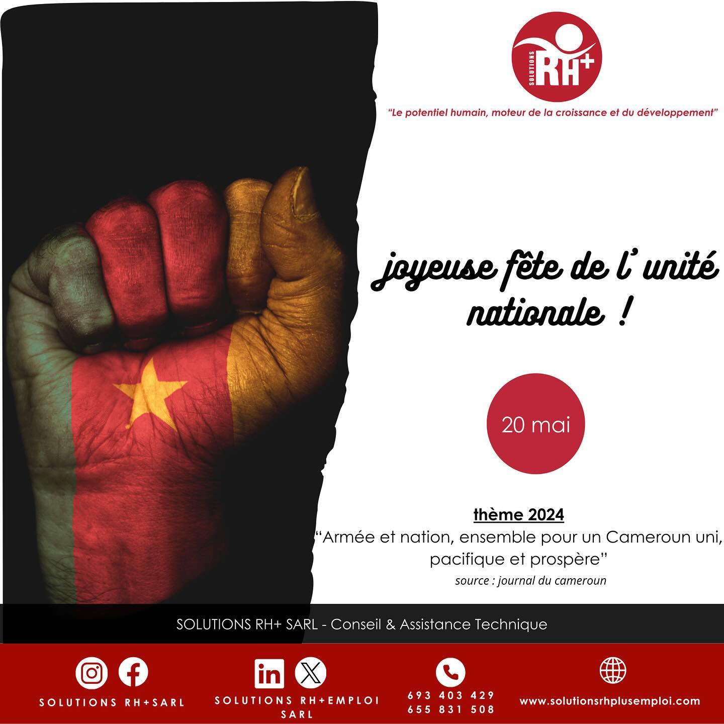 ✅le 20 mai le Cameroun célèbre l’unité nationale.
✨le Cameroun célèbre la 52 eme édition de la fête de son unité nationale sous le thème :«Armée et nation pour un Cameroun uni, pacifique et prospère >>
C est l’occasion favorable de marquer l’engagement du peuple camerounais, en faveur de la consolidation de la Nation.
_____
✅on May 20th, Cameroon celebrates national unity.
✨Cameroon celebrates the 52 nd edition of its National Unity Day under the theme: "Army and nation for a united, peaceful and prosperous Cameroon”
This is a fitting occasion to mark the commitment ,of the Cameroonian people to the consolidation of the nation.
#HAPPYNATIONALDAY #CAMEROON #JOYEUSEFETEDELUNITE