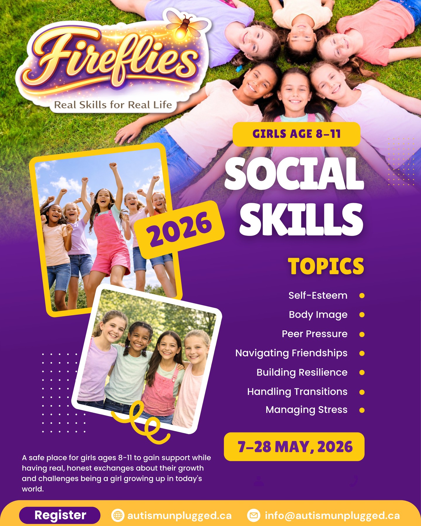 ✨ Fireflies Social Group ✨
.
If your daughter…
.
• Struggles to make or keep friends
• Feels left out or unsure in social situations
• Is sensitive, emotional, or easily overwhelmed
• Wants to connect—but doesn’t always know how
.
She’s not alone. And she doesn’t need to figure it out on her own.
.
Fireflies is a small, supportive group for girls ages 8–11 where we focus on building real confidence and real social skills—in a way that feels safe, guided, and successful.
.
This isn’t about sitting and talking about social skills.
It’s about practicing them, experiencing them, and building them in real time.
.
Because when girls start to feel successful socially… everything changes. 💙
.
Spots are limited to keep the group supportive and effective.
.
📍 Georgina
.
👉 Learn more / register:
https://www.autismunplugged.ca/social-skills
.
Link in bio
.
#InclusiveCommunity #AutismUnplugged #Keswick #Pefferlaw #Sutton #MountAlbert #EastGwillimbury #ShopLocalGeorgina #Georgina #ExploreGeorgina #GeorginaMatters #GeorginaBusiness #AutismAwareness #SensoryFriendly #GeorginaMoms #YorkRegionMoms #KeswickMoms #EastGwillimburyMoms #SuttonMoms #LocalMoms #YorkRegionParents #SummerCampGeorgina #SocialSkills