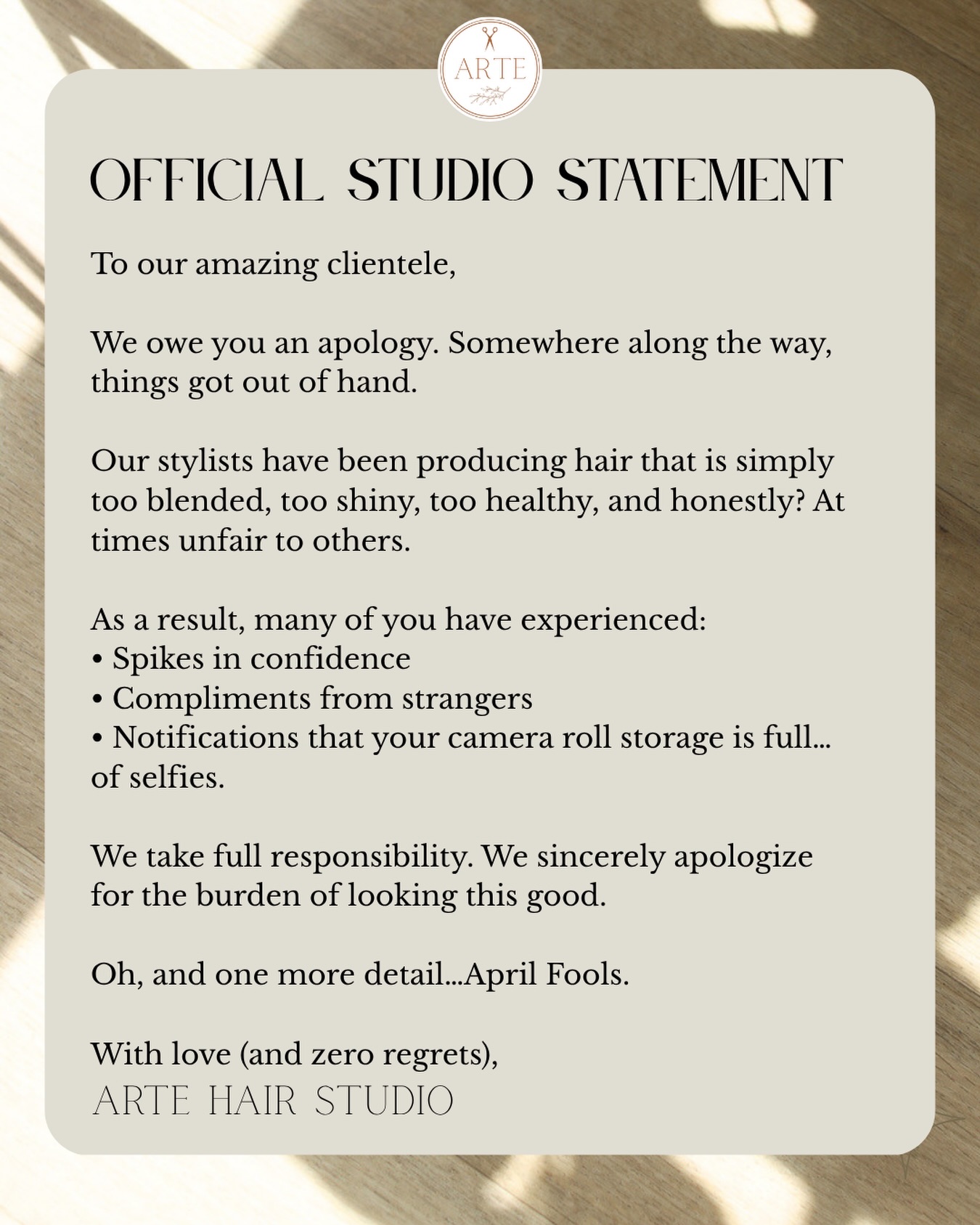 We had to. 😉
.
Happy April Fools! ✨
.
.
.
.
#artehairstudio #aprilfools #salonaprilfools