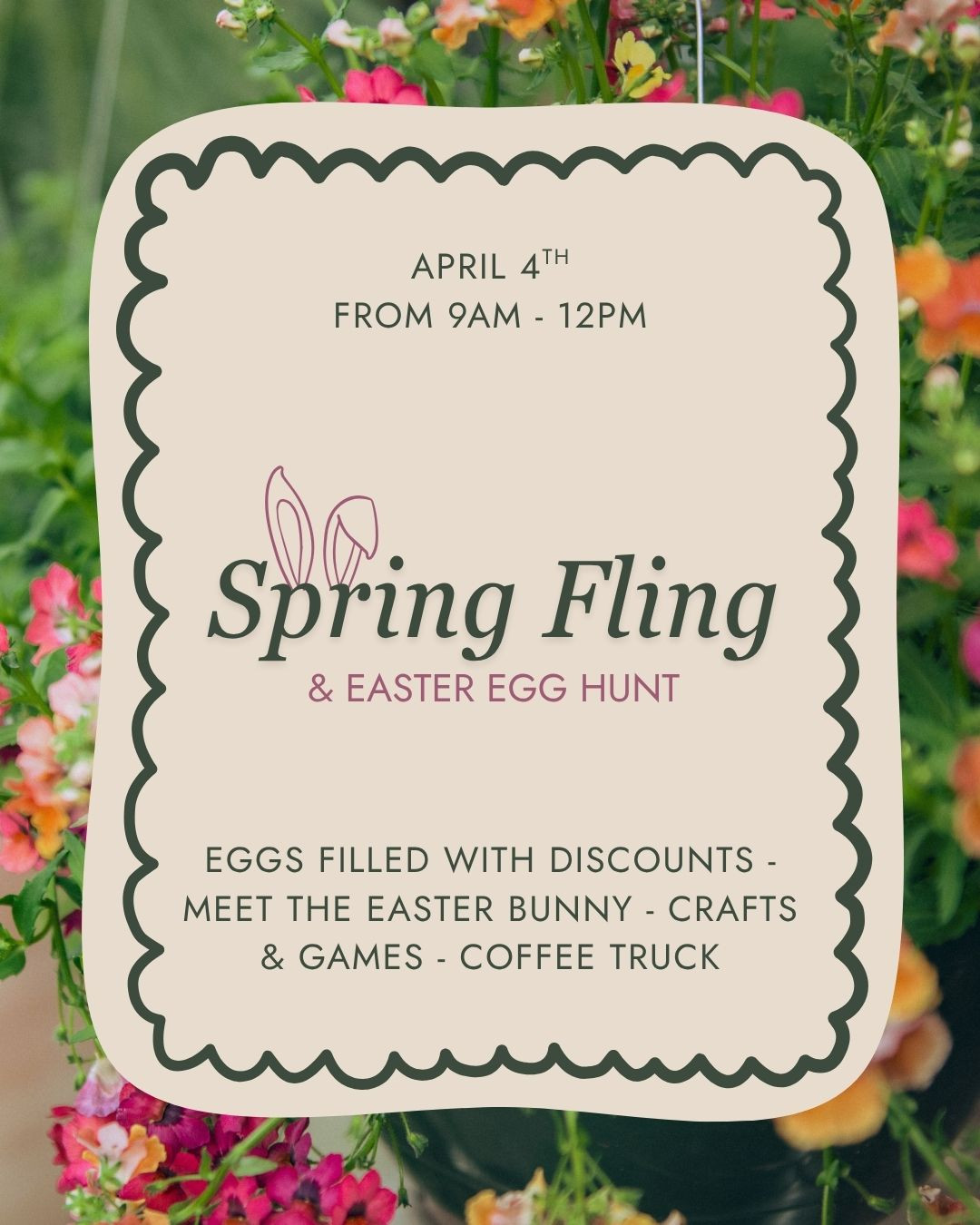 Spring into the new season with us at Meeting Green! 🐝 🌱
Our annual Easter Egg Hunt is back and better than ever! Hop over on April 4th from 9-12 for an Easter Egg Hunt around the shop, grab a coffee from Livewire Coffee truck, enjoy crafts and games, and get your photo taken surrounded by the spring flowers.
🐰 The Easter Bunny will be bouncing around after hiding his eggs so come say 'hi' while you shop for plants.
🧺 Crack into the easter eggs at Meeting Green to find sweet discounts for egg-stra savings while you shop! 💸
See you soon!