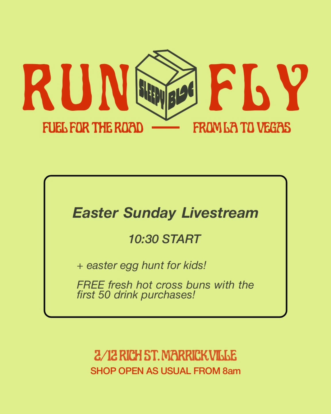 🏃♂️🪢 RunFly: The Speed Project – Easter Sunday Livestream
Join us this Easter Sunday for a special livestream of The Speed Project (a relay run from Los Angeles to Las Vegas) featuring the first Asian-Australian team taking on the challenge!
✨ What’s happening:
📺 Live screening of The Speed Project
🍞 Fresh hot cross buns FREE with the first 50 drink purchases (also available for sale after)
🥚 Easter Eevee’s Egg Hunt for the kids
🎨 Colouring pages & family-friendly fun
Bring your friends, family, and running spirit for a day of community vibes as we cheer on the team from here to the States!
#RunFlytotheWorld