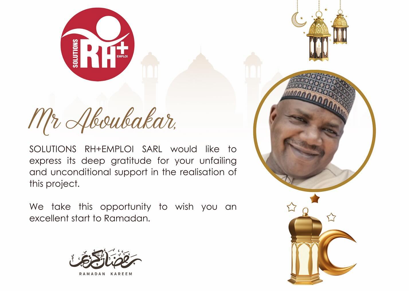 💫Hello Chers tous,
SOLUTIONS RH+EMPLOI SARL exprime toute sa profonde gratitude à l’un de ses partenaires les plus importants à savoir Mr ABOUBAKAR.
Par la même occasion, nous lui souhaitons un excellent début de Ramadan ! 🕌
Nous souhaitons également un bon début de Ramadan à toute la communauté musulmane nationale et internationale.
Ramadan Kareem ☪️
💫Hello everyone,
SOLUTIONS RH+EMPLOI SARL expresses its deep gratitude to one of its most important partners namely Mr ABOUBAKAR.
At the same time, we wish him an excellent start to Ramadan! 🕌
We also wish the entire national and international Muslim community a happy start to Ramadan.
Ramadan Kareem ☪️