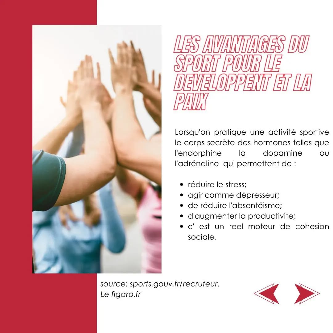 ✨ 06avril journée internationale du sport au service du développement et de la paix.
✅la journée internationale du sport au service du développement et de la paix a comme thème cette année : " le sport pour la promotion des sociétés pacifiques et inclusives . "
Le sport a le pouvoir de changer le monde ; c'est un droit fondamental et un outil puissant pour renforcer les liens sociaux et promouvoir le développement durable et la paix, ainsi que la solidarité et le respect de tous.
Il est plus nécessaire de rappeler l’importance de l’activité physique.
Le but de cette journée est de montrer que le sport est considéré comme un outil efficace pour la consolidation de la paix et le règlement des conflits.
#Sport
#Developmentandpeace
—
✨ 06th April international day of sport for development and peace
✅the international day of sport for development and peace has as this year's theme: “sport for the promotion of peaceful and inclusive societies”
Sport has the power to change the world; it is a fundamental right and a powerful tool to strengthen social bonds and promote sustainable development and peace, as well as solidarity and respect for all.
It is more necessary to remember the importance of physical activity.
The aim of this day is to show that sport is considered an effective tool for peacebuilding and conflict resolution.
#internationaldayofsport
#developmentandpeace
