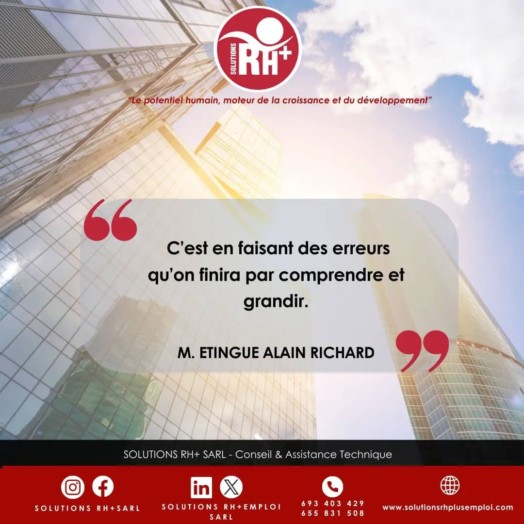 ☀️BONJOUR LUNDI !
✨La société SOLUTIONS RH+ SARL vous souhaite une semaine performante dans votre milieu professionnel par ce conseil qui nous est donné par M. ETINGUE Richard
#POTENTIELHUMAIN #ressourceshumaines #RH #MONDAYMOTIVATION #quoteoftheday
☀️HELLO MONDAY !
✨SOLUTIONS RH + SARL wishes you a successful week in your workplace with this advice from Mr M. ETINGUE Richard.
#HUMANPOTENTIAL #humanresources #HR #MONDAYMOTIVATION #quoteoftheday