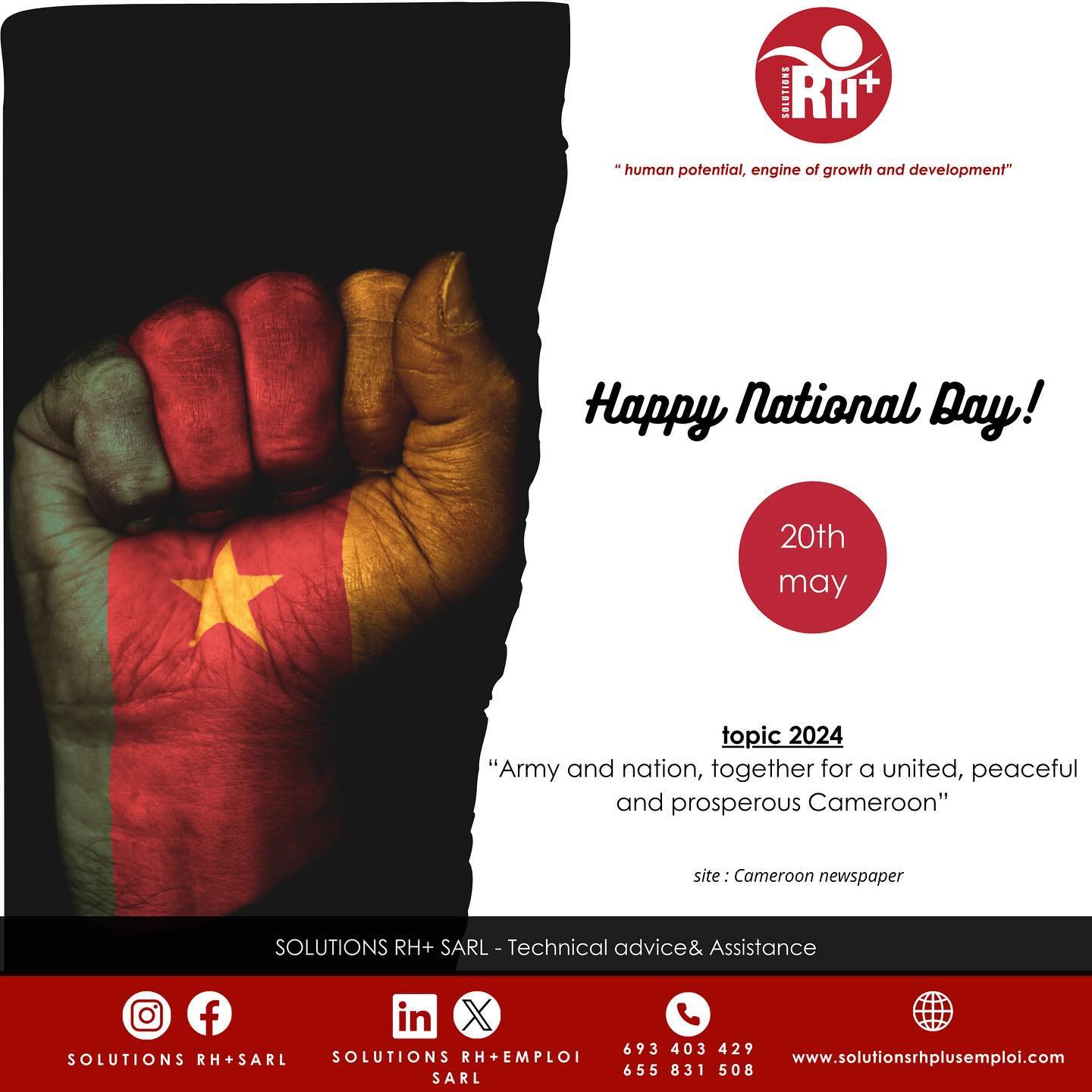 ✅le 20 mai le Cameroun célèbre l’unité nationale.
✨le Cameroun célèbre la 52 eme édition de la fête de son unité nationale sous le thème :«Armée et nation pour un Cameroun uni, pacifique et prospère >>
C est l’occasion favorable de marquer l’engagement du peuple camerounais, en faveur de la consolidation de la Nation.
_____
✅on May 20th, Cameroon celebrates national unity.
✨Cameroon celebrates the 52 nd edition of its National Unity Day under the theme: "Army and nation for a united, peaceful and prosperous Cameroon”
This is a fitting occasion to mark the commitment ,of the Cameroonian people to the consolidation of the nation.
#HAPPYNATIONALDAY #CAMEROON #JOYEUSEFETEDELUNITE