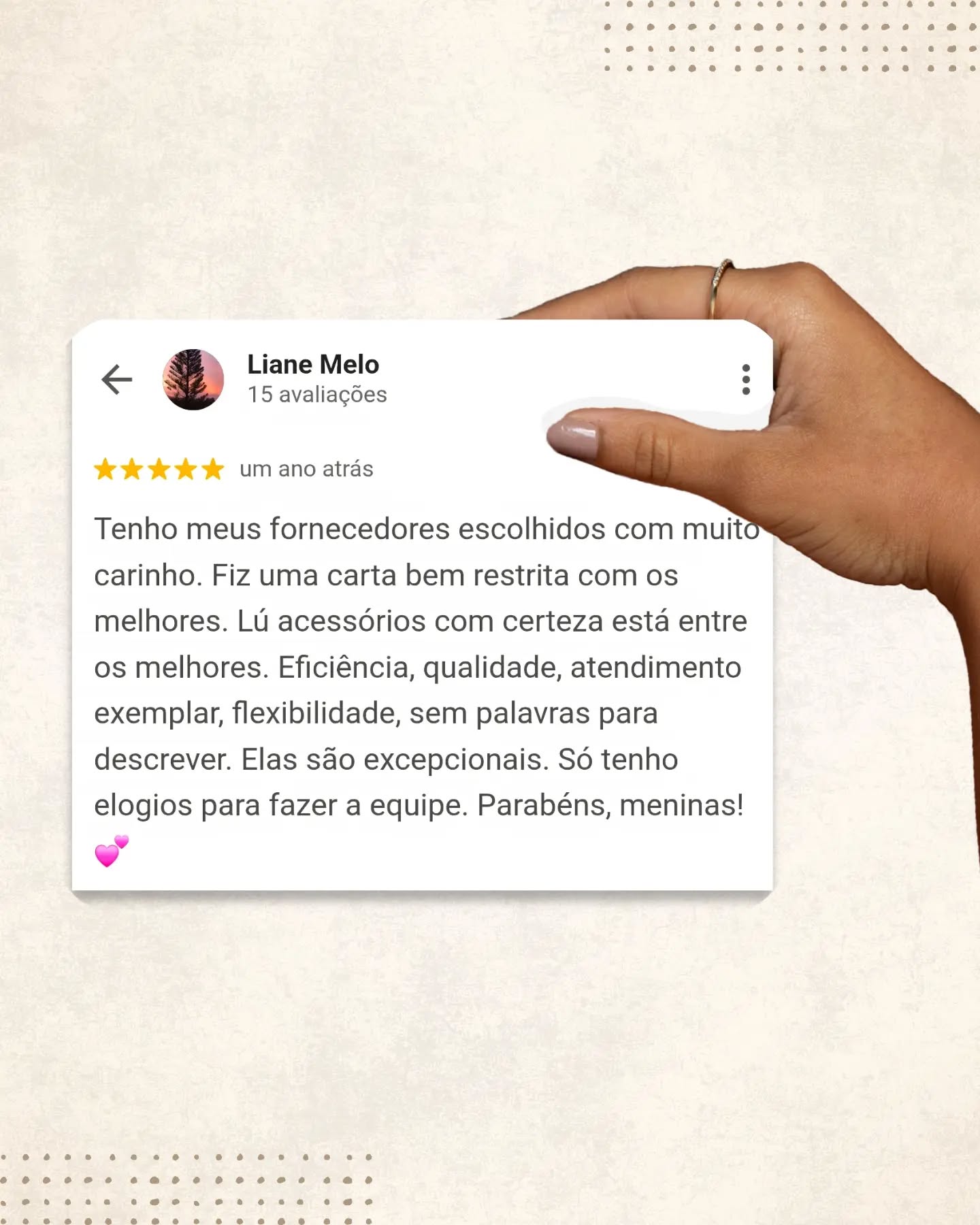 Cada avaliação que recebemos representa muito mais do que cinco estrelas. ✨
Ela carrega histórias de mulheres que decidiram empreender, confiaram na Lu Acessórios e encontraram uma parceira para crescer. Agradecemos a cada cliente que faz parte da nossa trajetória e compartilha sua experiência. É essa confiança que nos motiva a evoluir todos os dias e a oferecer o melhor para quem escolhe empreender conosco. 💛 Que a próxima história de sucesso seja a sua. #LuAcessórios #SemijoiasNoAtacado #EmpreendedorismoFeminino #RevendaDeSemijoias #AtacadoDeSemijoias