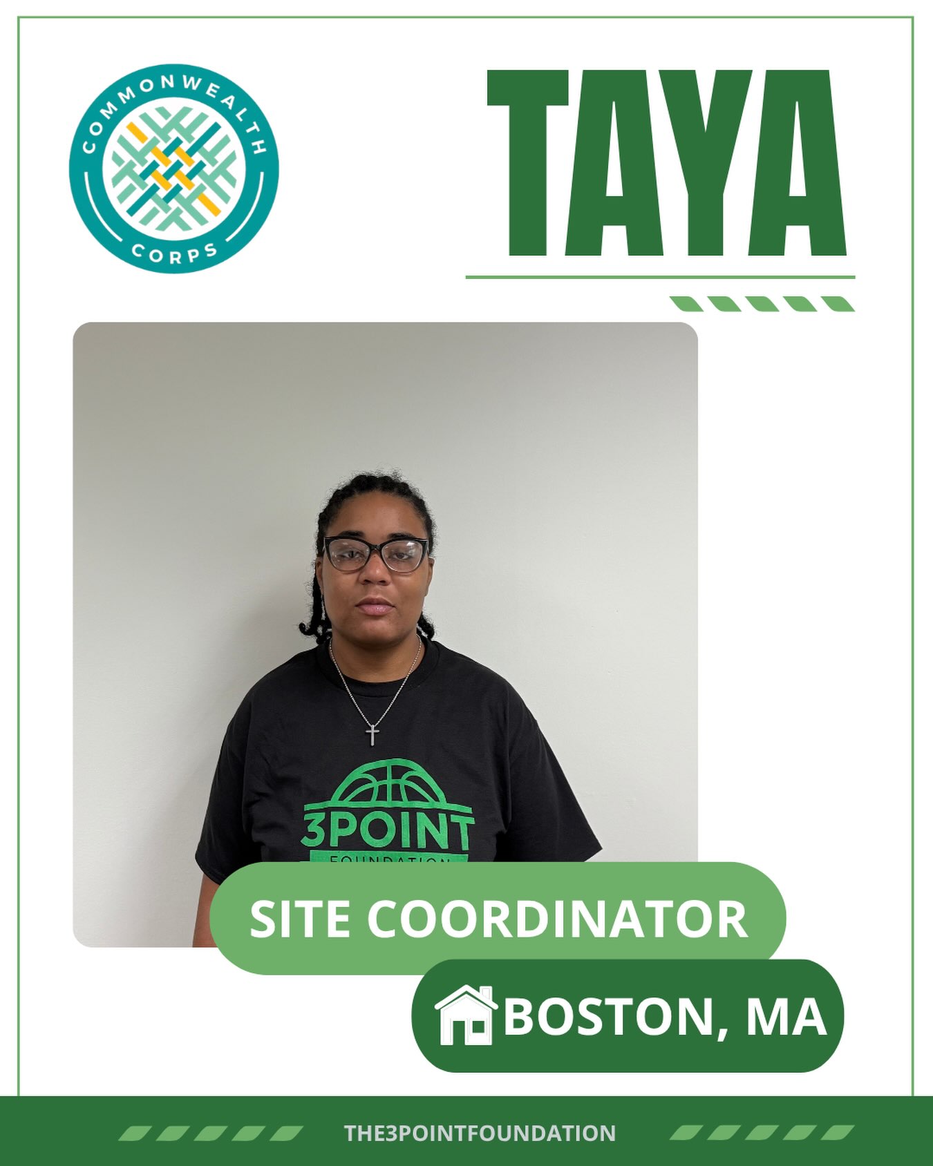 Meet Taya!We’re excited to introduce Taya, one of our newest Commonwealth Corps Site Coordinators! As part of the 3Point team, Aya will be supporting our In School and After School programs and working alongside students throughout the year.Get to know Taya below! 👇Q: Where are you from?
A: Boston, Massachusetts!Q: What made you want to join 3Point?
A: I wanted to join 3Point because I enjoy helping others and making an impact.Q: What are you most excited about this year?
A: Helping youth, understanding others, and being part of opportunities where I can make a meaningful difference and leave a lasting impact.Q: Fun fact about you?
A: I love cats!We’re so excited to have Taya on the 3Point team!#The3PointFoundation #CommonwealthCorps #MeetTheTeam #YouthDevelopment #Boston