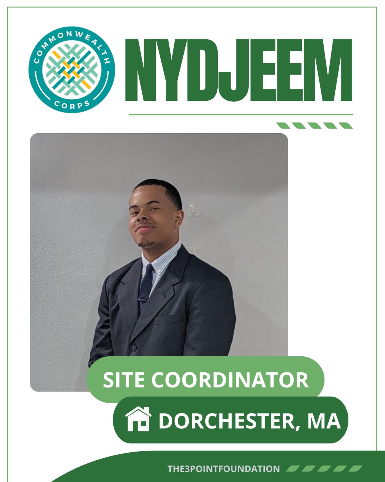 Meet Nydjeem!We’re excited to introduce Nydjeem, one of our newest Commonwealth Corps Site Coordinators! As part of the 3Point team, Nydjeem will be supporting our In School and After School programs and helping create positive experiences for students throughout the year.Get to know Nydjeem below! 👇Q: Where are you from?
A: Dorchester, Massachusetts!Q: What made you want to join 3Point?
A: I want to support the next generation. 3Point aligns with that goal completely by creating a space where kids grow into future community leaders.Q: What are you most excited about this year?
A: Graduating from UMass Boston next spring with my degree in Sport Business!Q: Fun fact about you?
A: In the past three years, I’ve gone on five cruises!We’re excited to have Nydjeem on the 3Point team and can’t wait to see all they accomplish this year!
#The3PointFoundation #CommonwealthCorps #MeetTheTeam #YouthDevelopment #Boston
