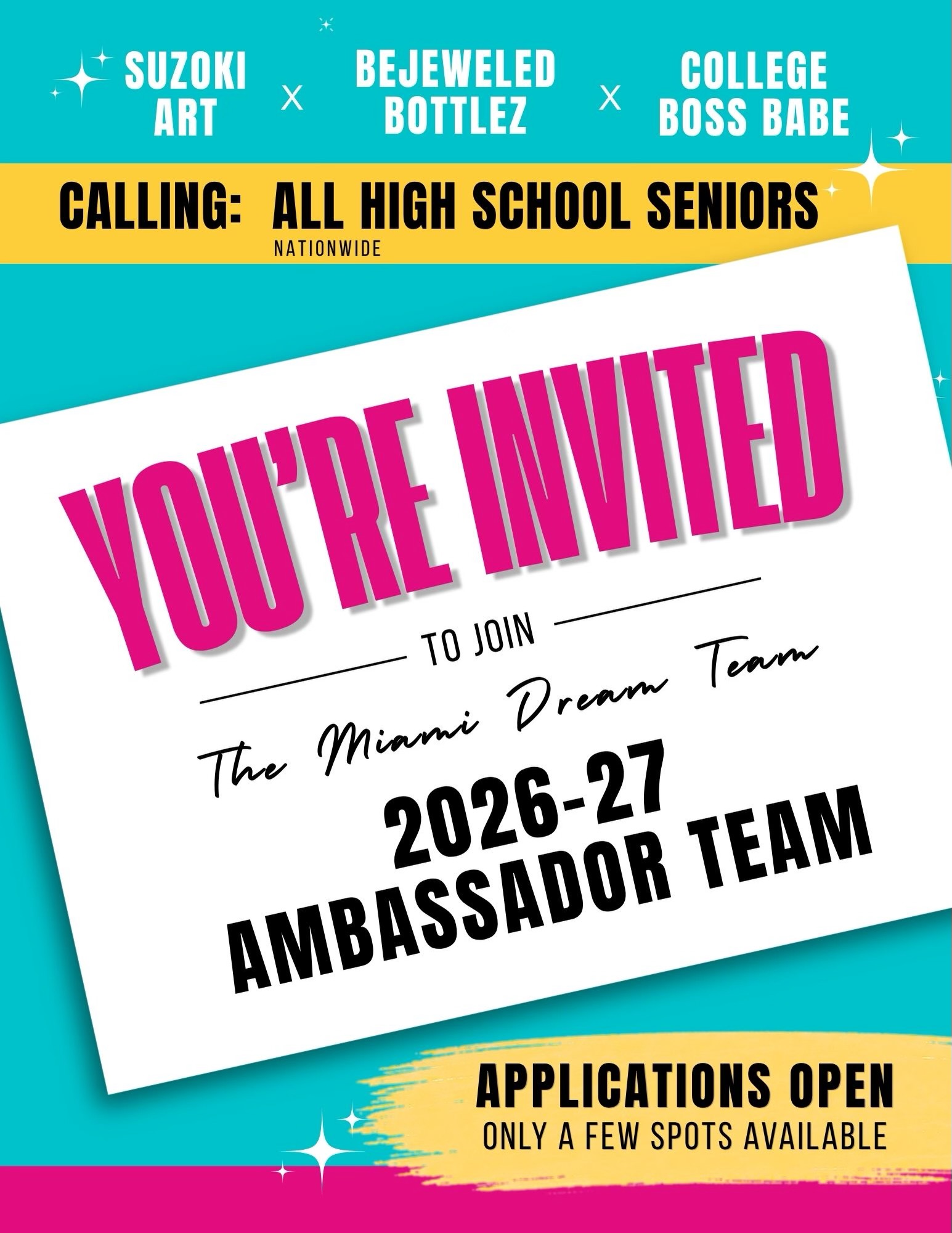 Your senior year just got a little more interesting!!
Suzoki Art, BejeweledBottlez and College Boss Babe are choosing just a few more for our 2026–2027 Ambassador Team 💖
We’re looking for seniors who would be excited to create content and represent our three brands. As part of the team, you’ll have the opportunity to:
✨ Gain real marketing & content experience
✨ Receive personalized merch & special discounts
✨ Get access to collaborations, gifts & behind-the-scenes launches
✨ Build experience you can use for college, sorority & job applications
We’ve already received so many great applications and only have a few spots remaining (virtual or local). Application link in bio or comment “Apply” to receive the link to your DM.
Application cut off is 9/25/26
Tag or share with a Class of 2027 senior who would be perfect for this!
#classof2027 #seniorambassador #contentcreator #senioryear