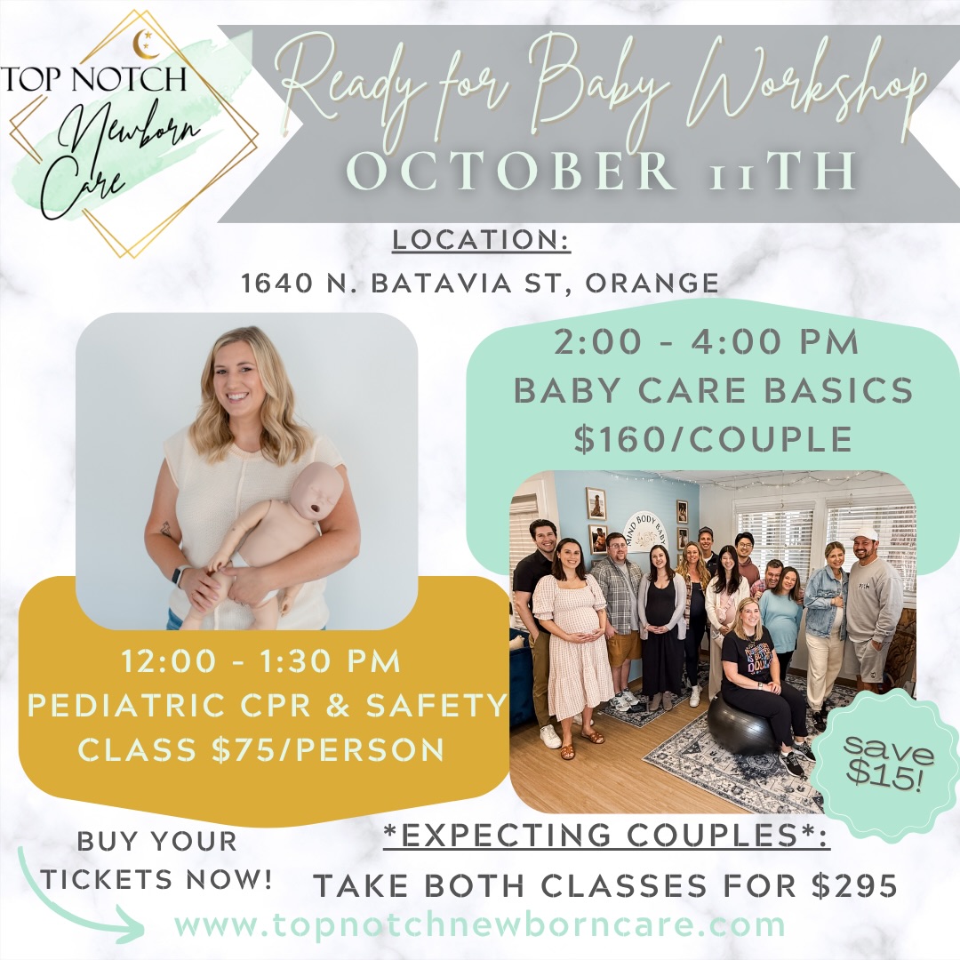 🍂 FALL or WINTER DUE DATE? ❄️
Prepare to feel empowered in your parenting journey with the Ready for Baby Workshop! 💪🏻
Sunday, OCTOBER 11th: come join a day of new parent education! ✨
You can take ONE or BOTH classes, whatever works for you! ✏️
❤️ 12-1:30pm Pediatric Safety & CPR Class $75/person (great if you’re expecting, new parents or care for infants/children).
\\ 30 min break //
👶🏻 2-4pm Baby Care Basics Class $160/couple (perfect for expecting parents in the 3rd trimester).
*Expecting parents signup for both classes for $295*
📍 Class location: 1640 N. Batavia St, Orange
Space is limited, LINK IN BIO to book your spot in class. 🔗
