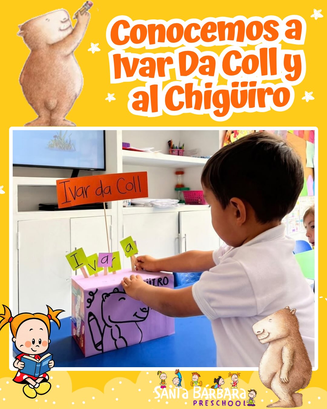 📖✨ Hoy nos acercamos al maravilloso mundo de la literatura infantil conociendo al autor e ilustrador colombiano Ivar Da Coll y a uno de sus personajes más queridos: Chigüiro. 🐾💙
A través de sus historias, nuestros niños disfrutan de la lectura, exploran personajes y dejan volar su imaginación. 🌈📚
#LiteraturaInfantil #IvarDaColl #Chigüiro #AmorPorLaLectura #SantaBárbaraPreschool