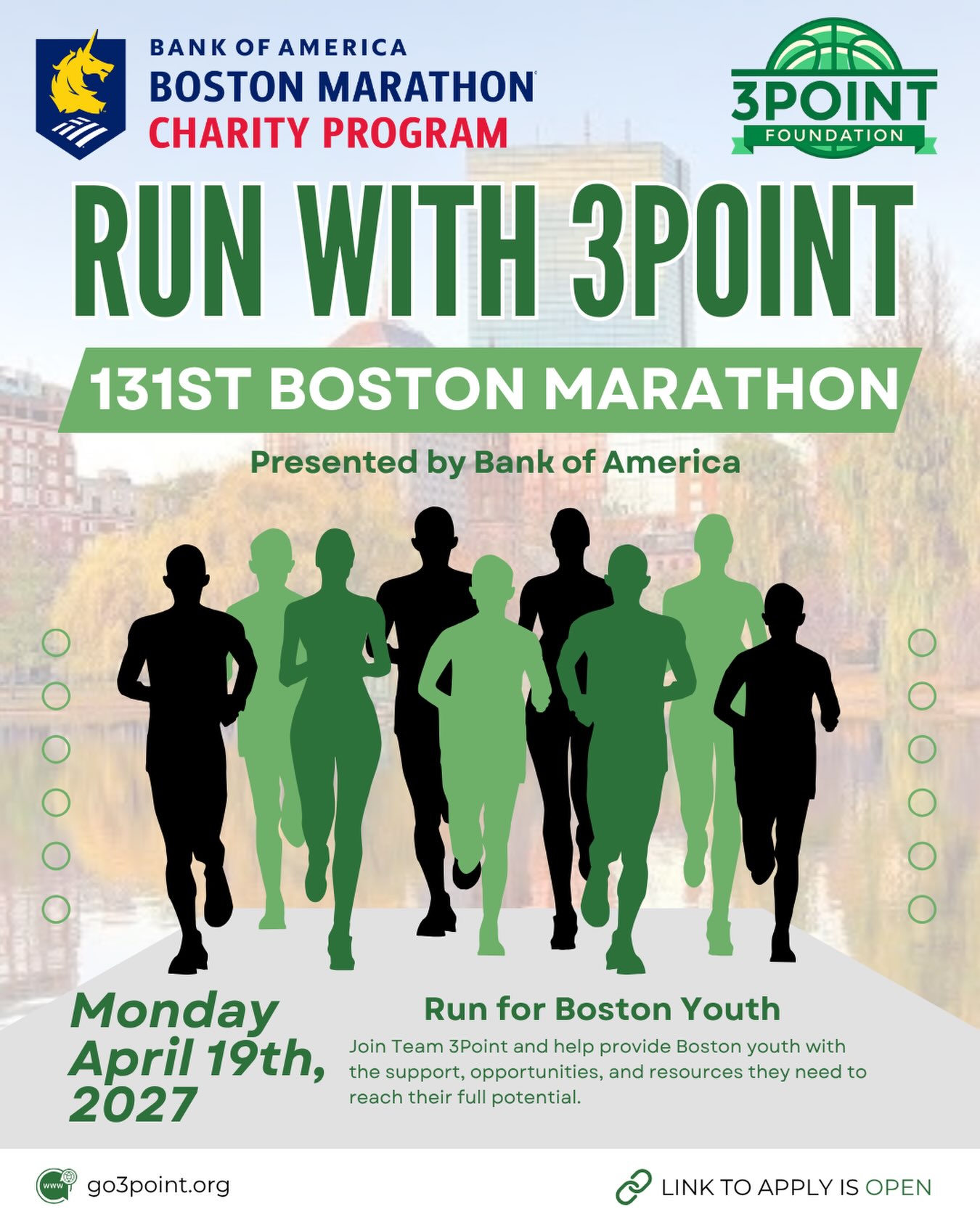 Run with 3Point!We’re looking for runners to join Team 3Point for the 131st Boston Marathon Presented by Bank of America on April 19, 2027.By running with us, you’ll be helping support Boston youth and the programs that help them grow, learn, and reach their goals.Applications are open! Learn more and apply through the link in our bio.#RunWith3Point #BostonMarathon #The3PointFoundation #Boston131